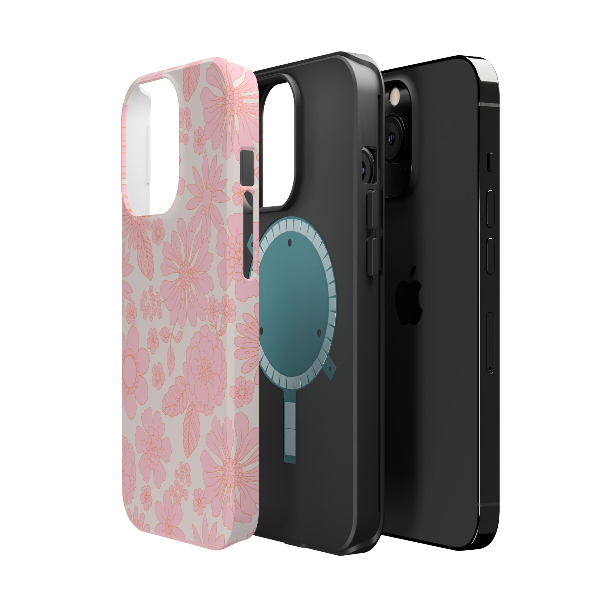 Pink floral MagSafe iPhone 16 case with cottagecore design and whimsical charm, perfect cute phone cover for protection.