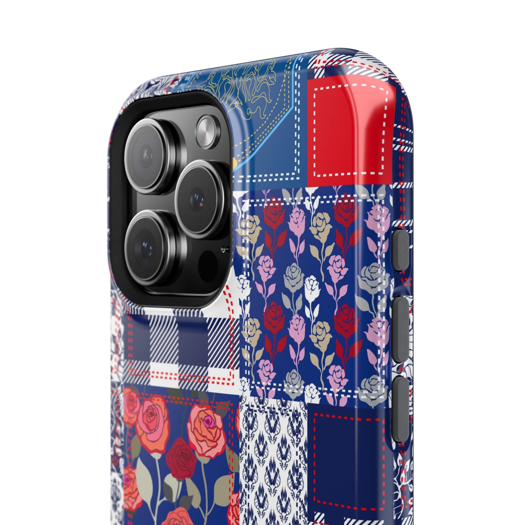 Crimson Bloom | Blue Patchwork Case