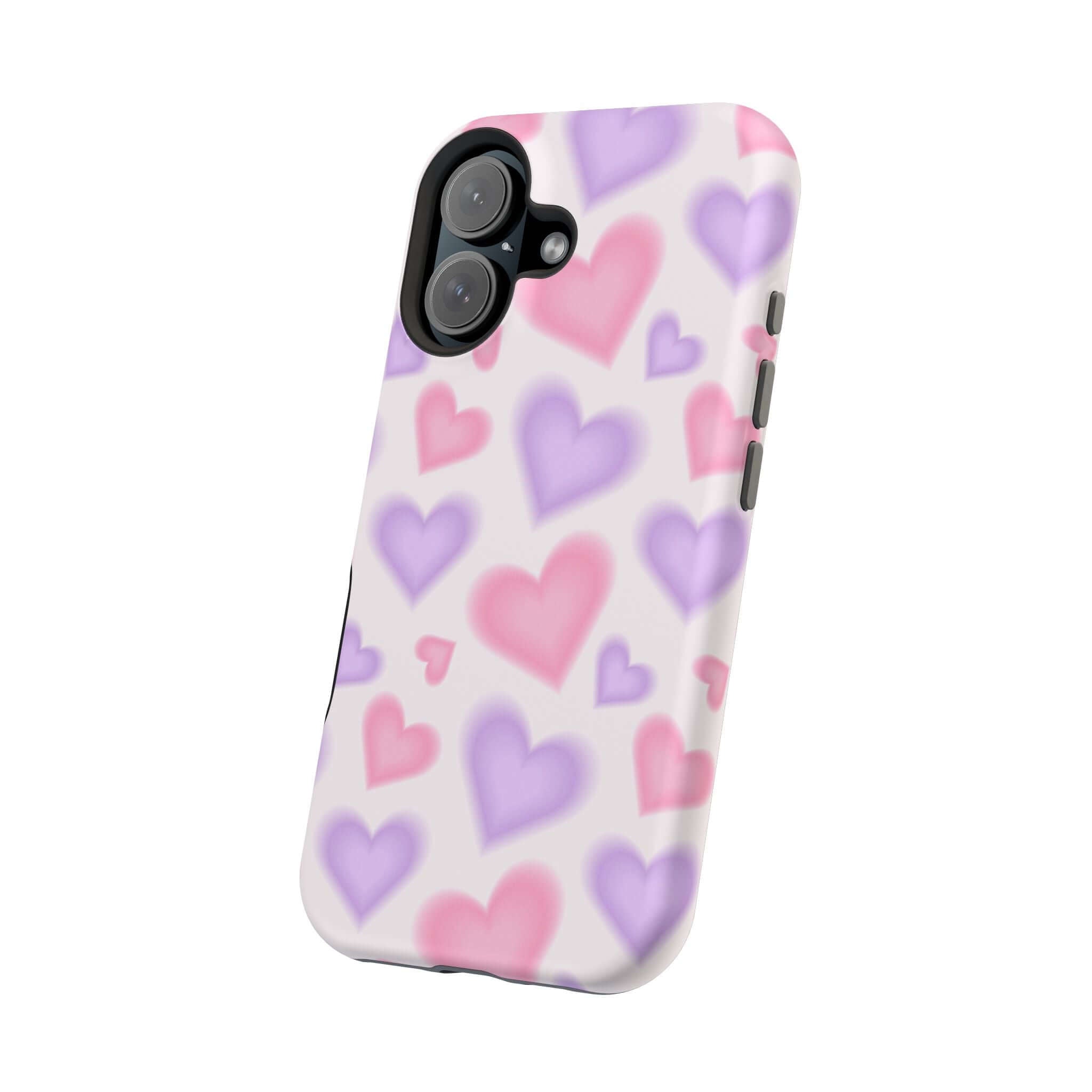 Cute phone cover featuring blurred pink and purple hearts, perfect for adding love to your Apple iPhone case.