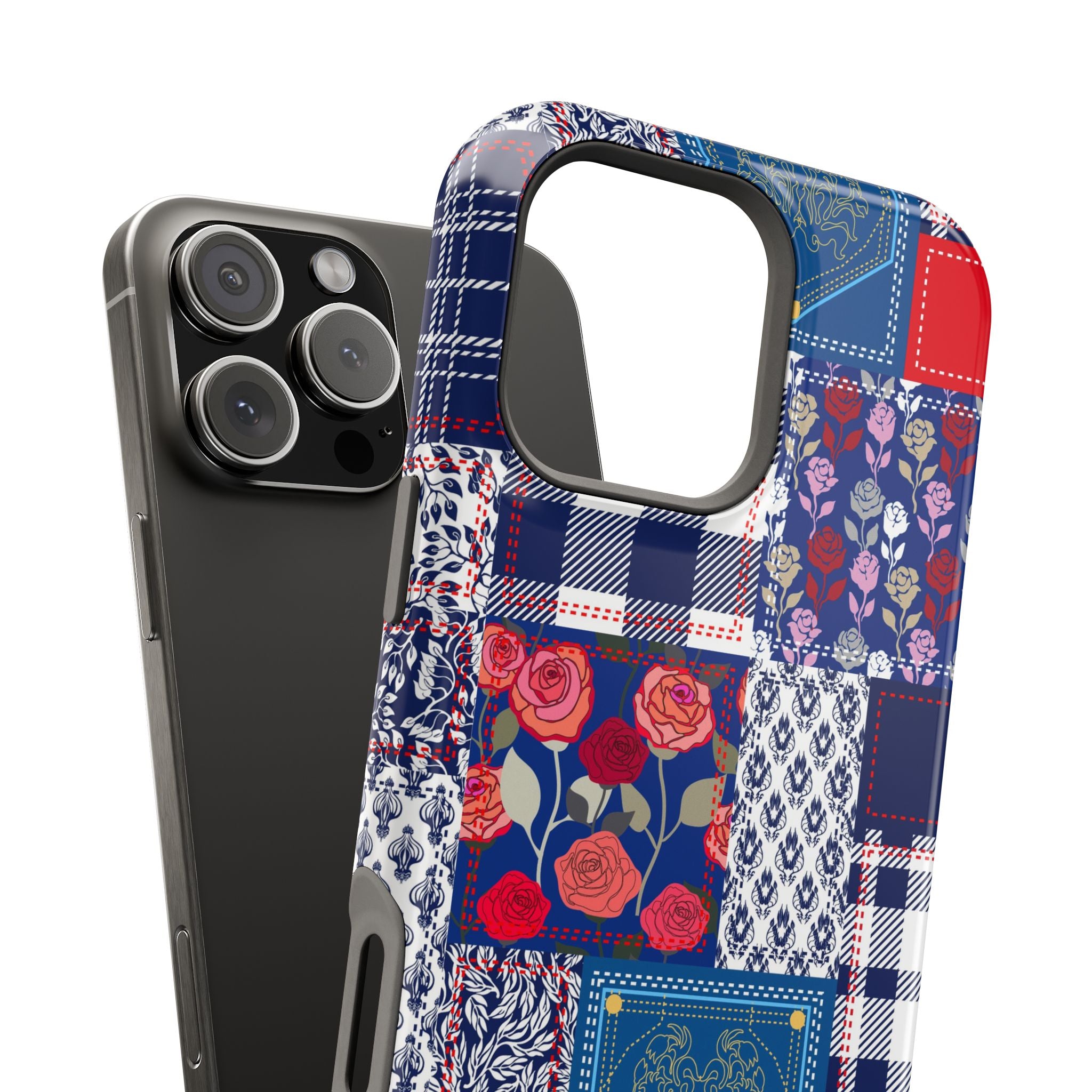 Crimson Bloom | Blue Patchwork Case