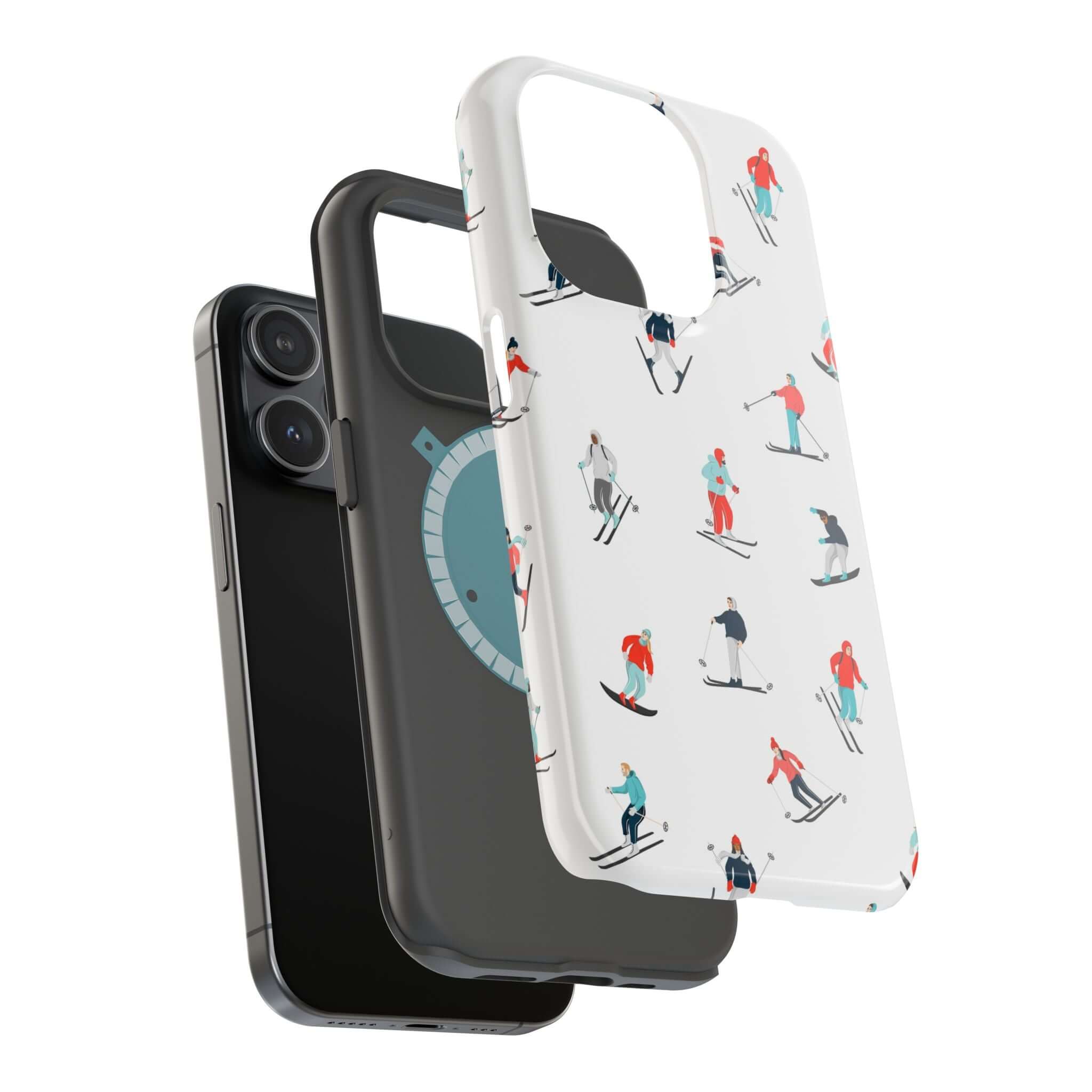 Cute phone covers featuring skiing designs and MagSafe compatibility, perfect for winter sports lovers.