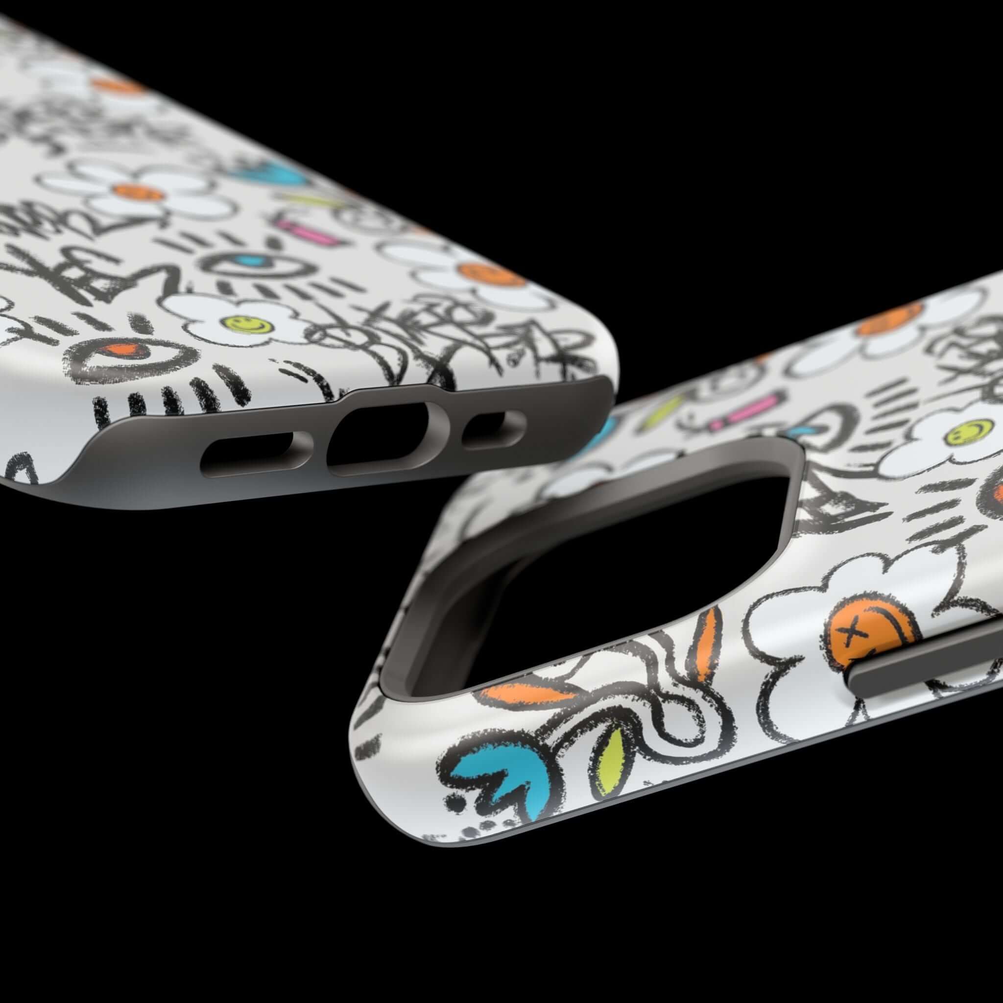 Close-up of Happy Chaos Floral Graffiti Case showcasing vibrant design and MagSafe compatibility for iPhone.