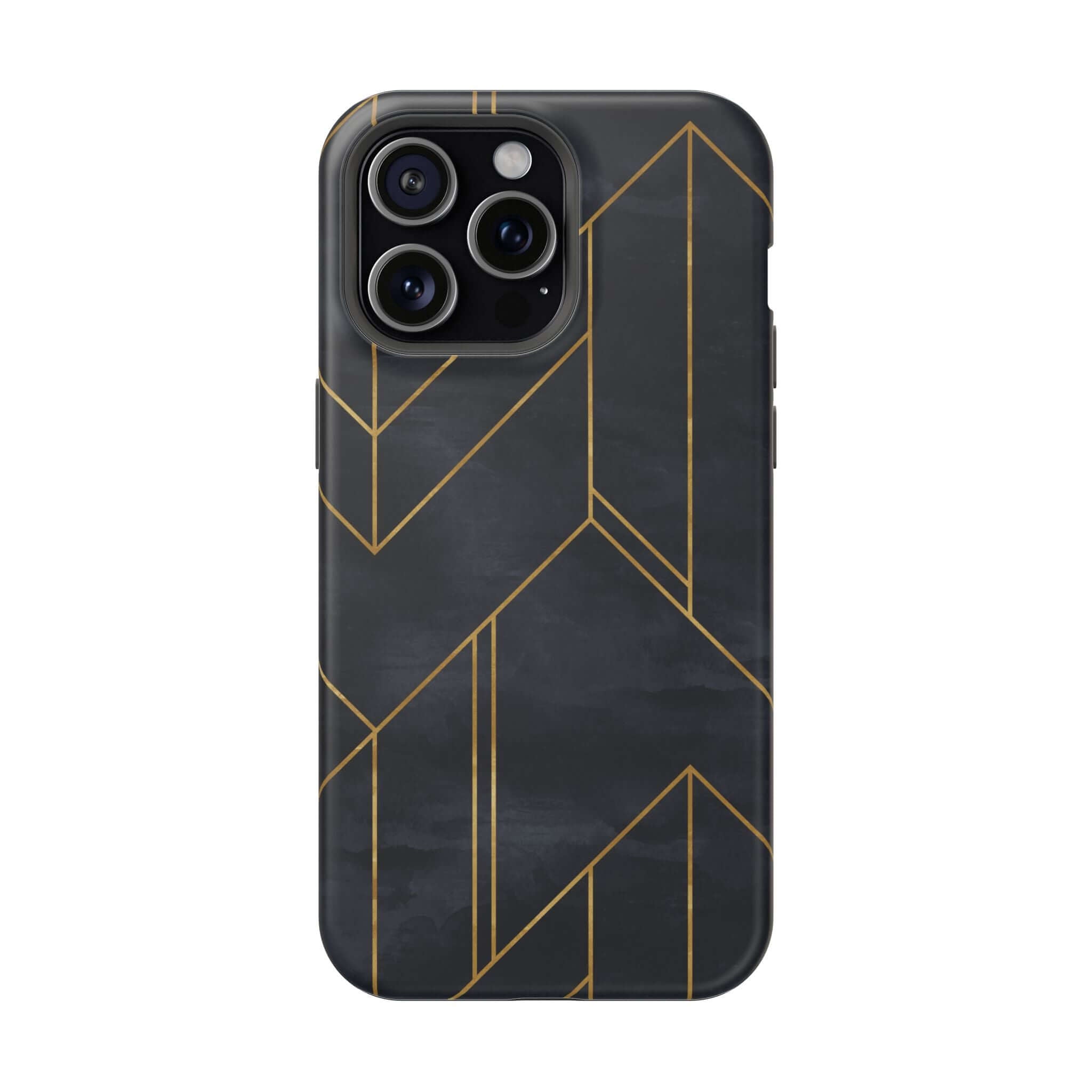 Modern geometric iPhone case in sleek black with abstract gold lines, combining urban style and protection for a trendy look.