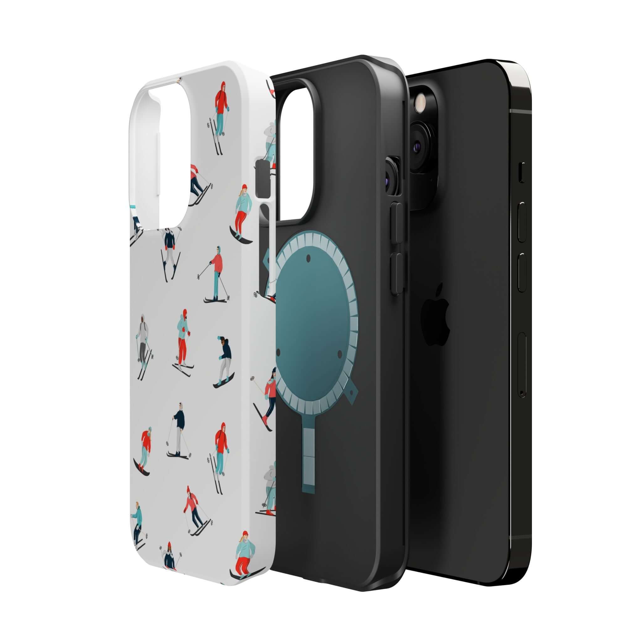 Cute Snowy Slopes phone case with skiing design, perfect for iPhone, showcasing winter sports fun and style.