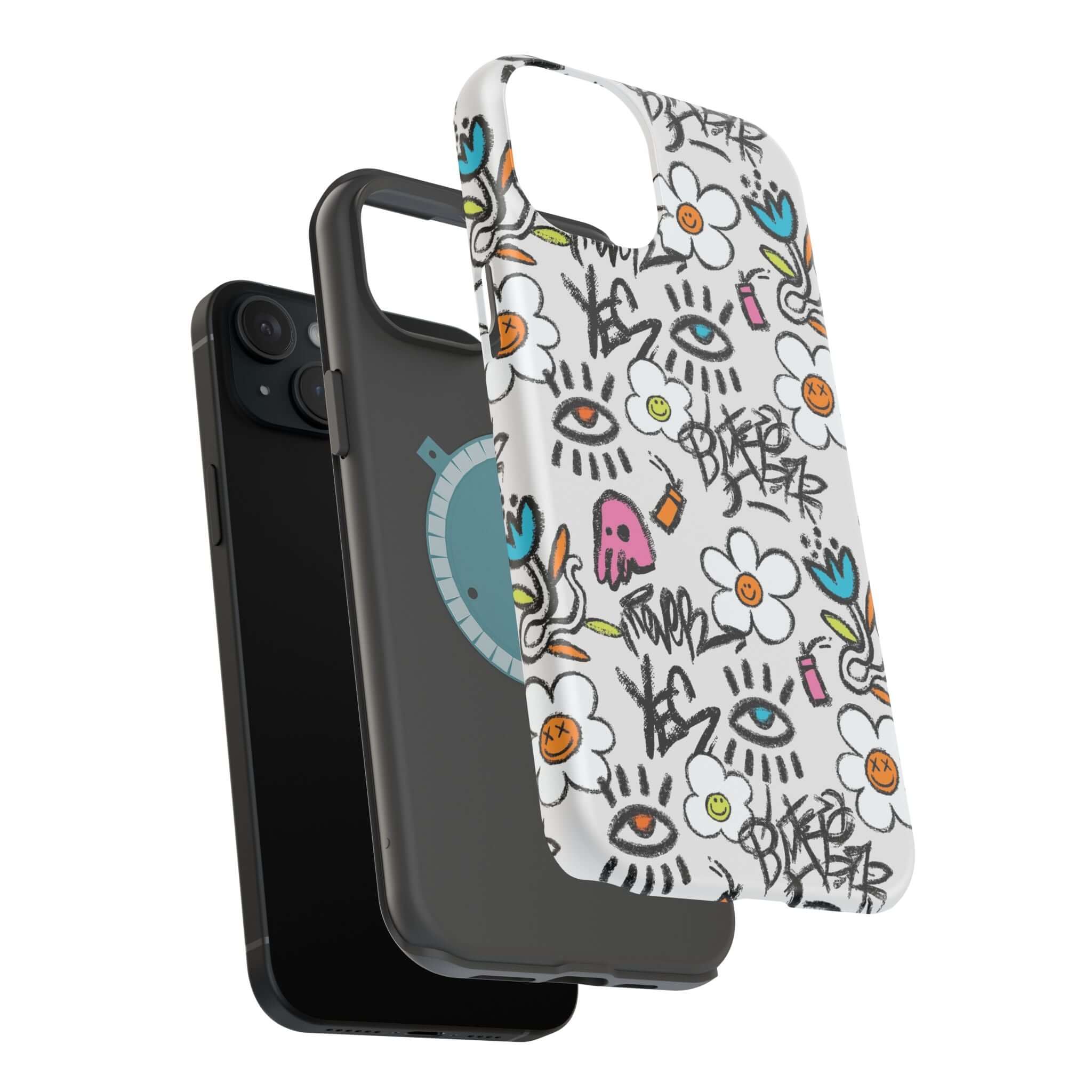 Colorful Happy Chaos Floral Graffiti Case showcased with sleek black phone, perfect cute phone cover for iPhone.