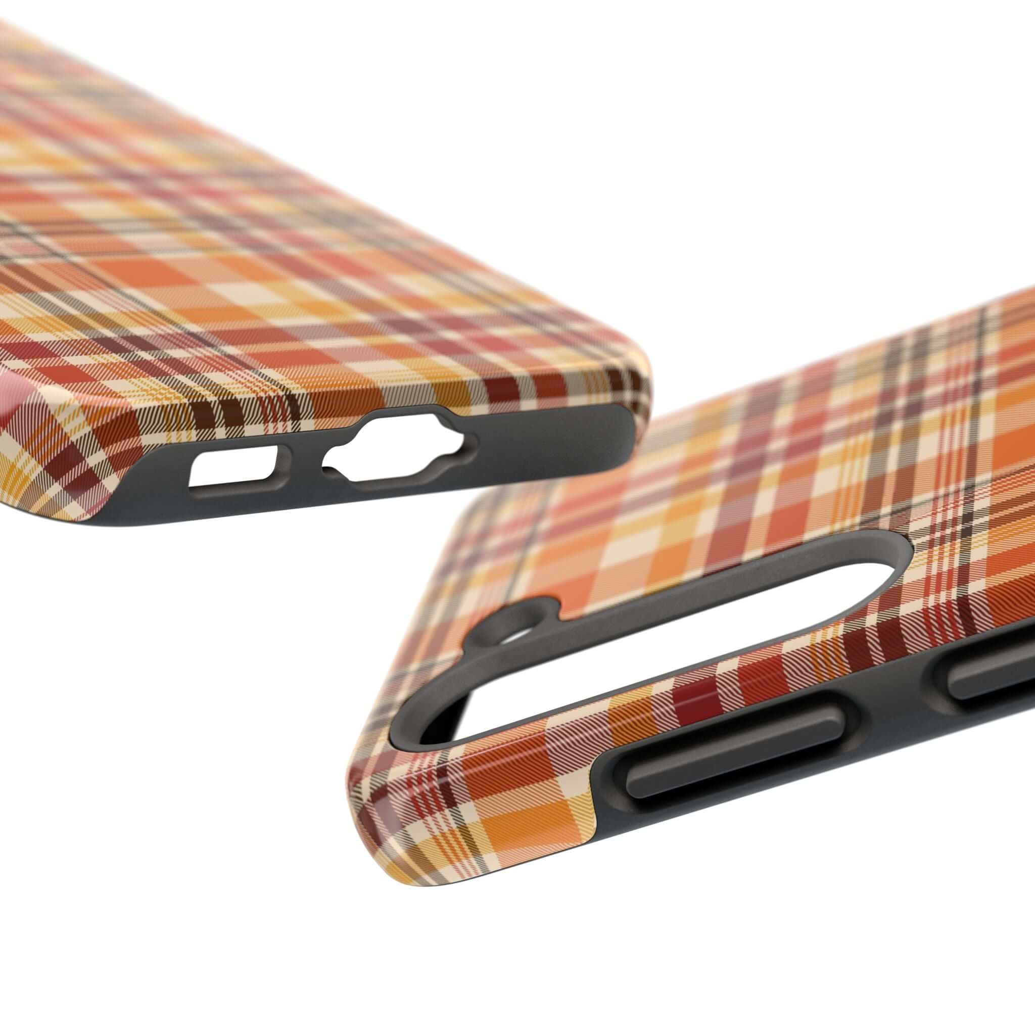 Autumn Air Fall Plaid case with orange and brown checkered pattern, perfect Halloween phone case and cute fall iPhone case for protection.