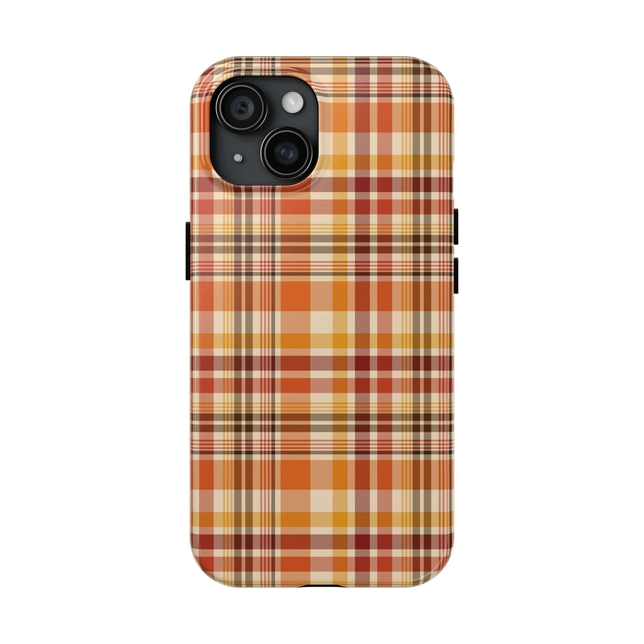 Autumn Air plaid phone case with fall colors, perfect Halloween and cute iPhone case for autumn season protection.