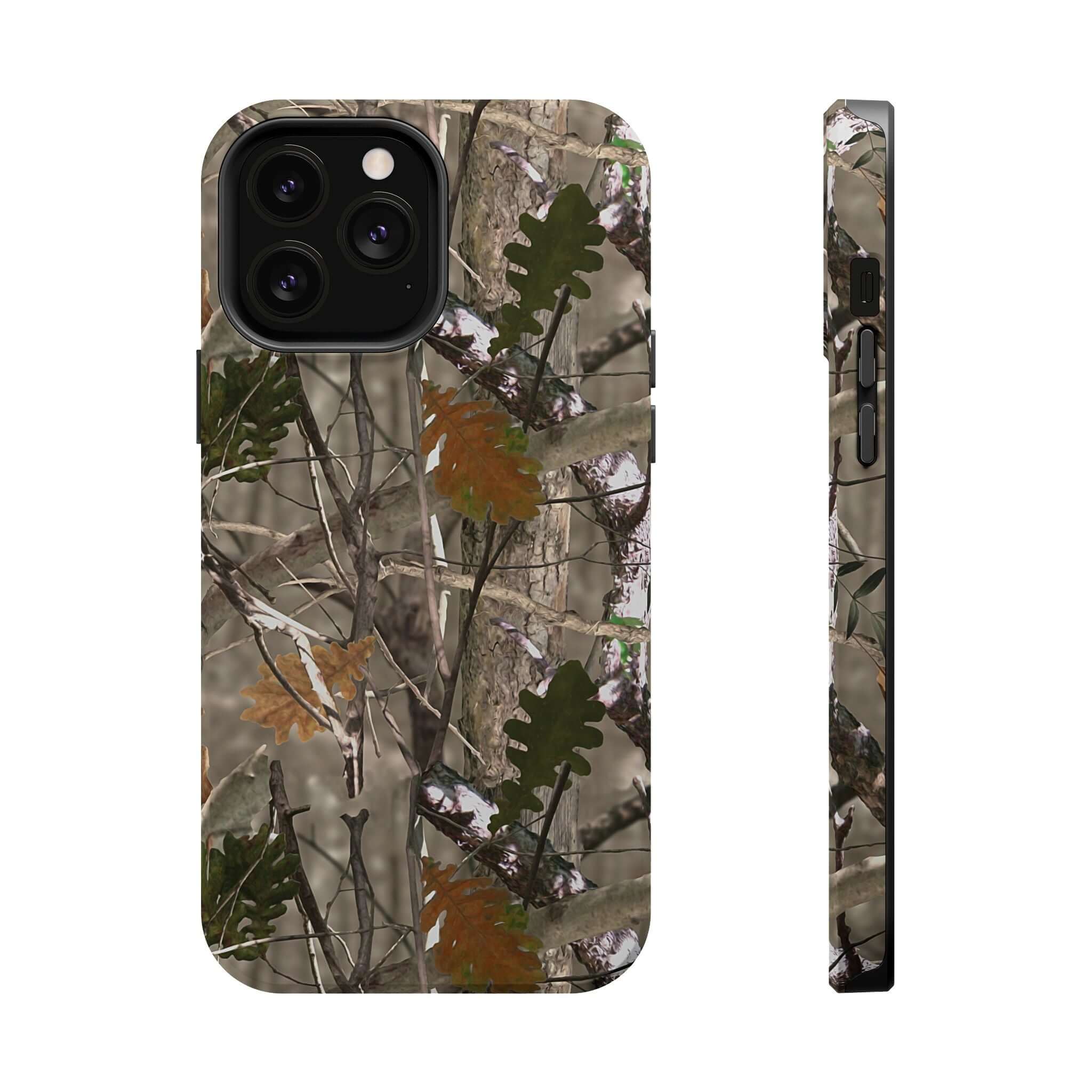 Modern forest camo phone case with MagSafe compatibility, featuring a stylish animal print design for a cute and quirky look.