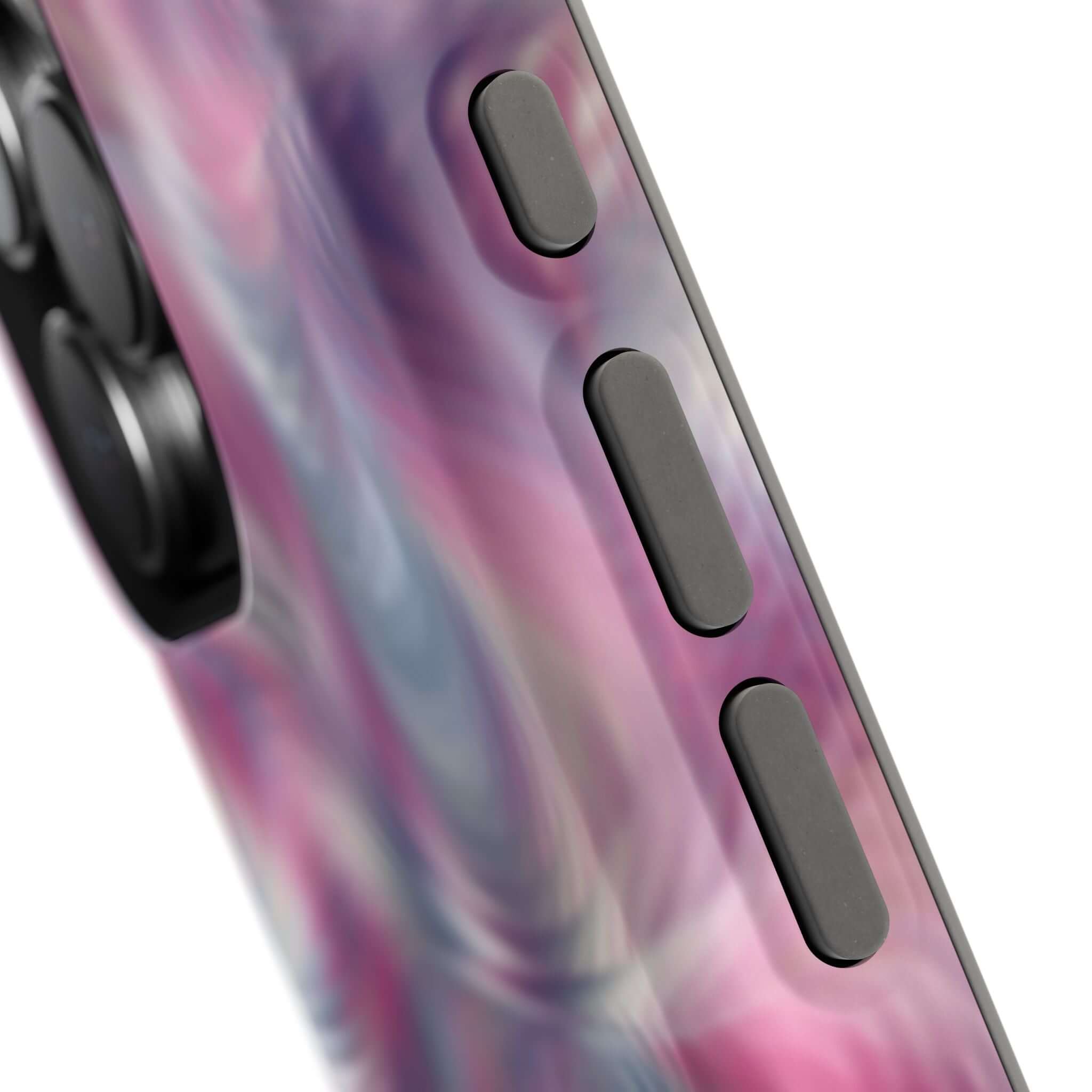 MagSafe iPhone case with purple abstract tie dye swirl design, showcasing quirky and cute phone cover style.