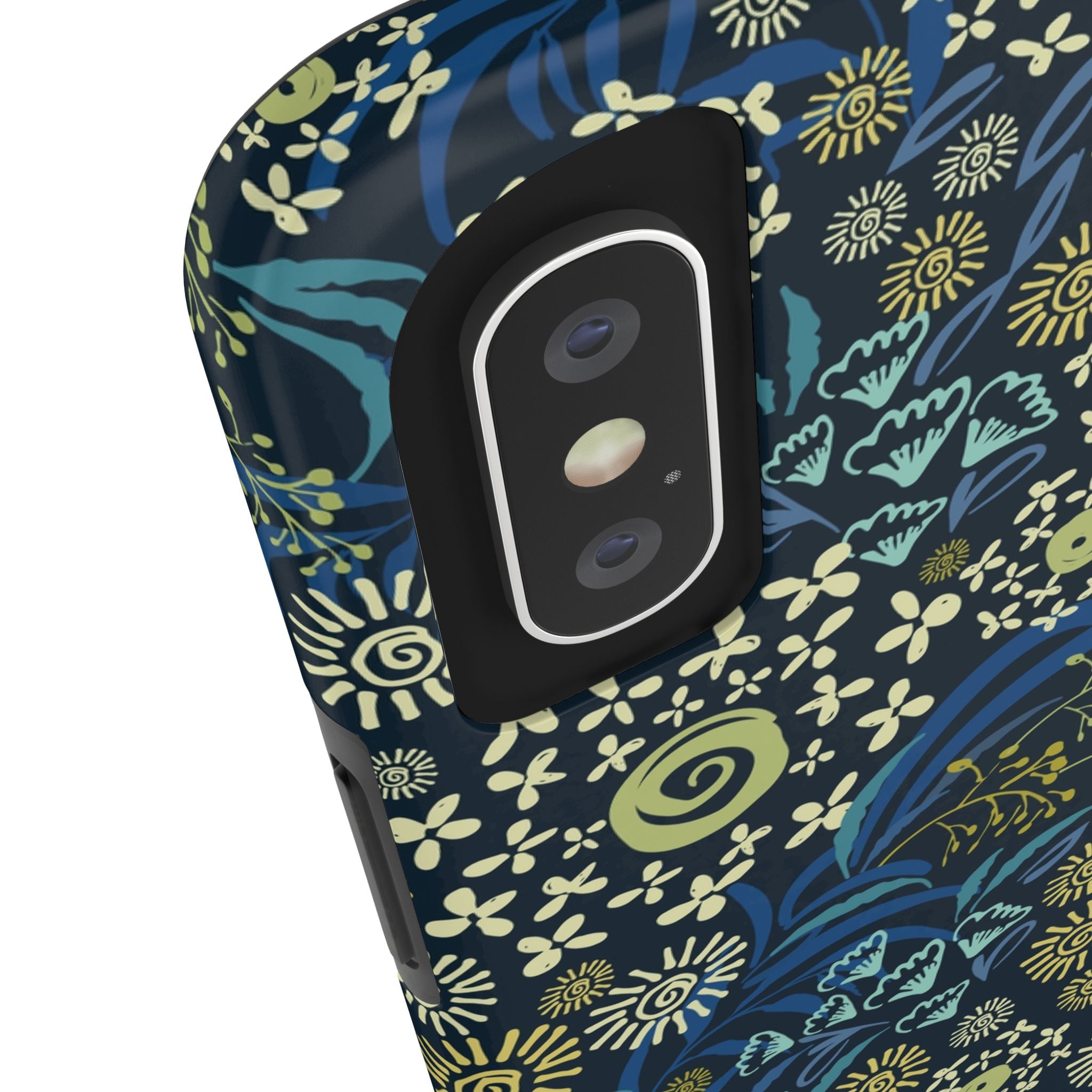 Blue floral phone case with whimsical design on iPhone, protecting from scratches. Cute iPhone case cover for floral lovers.