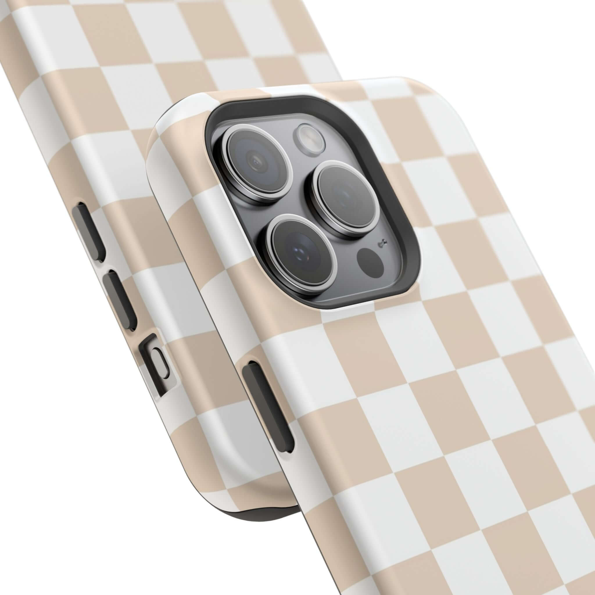 Cream checkered MagSafe iPhone 16 case with beige classic print, cute protective phone case.