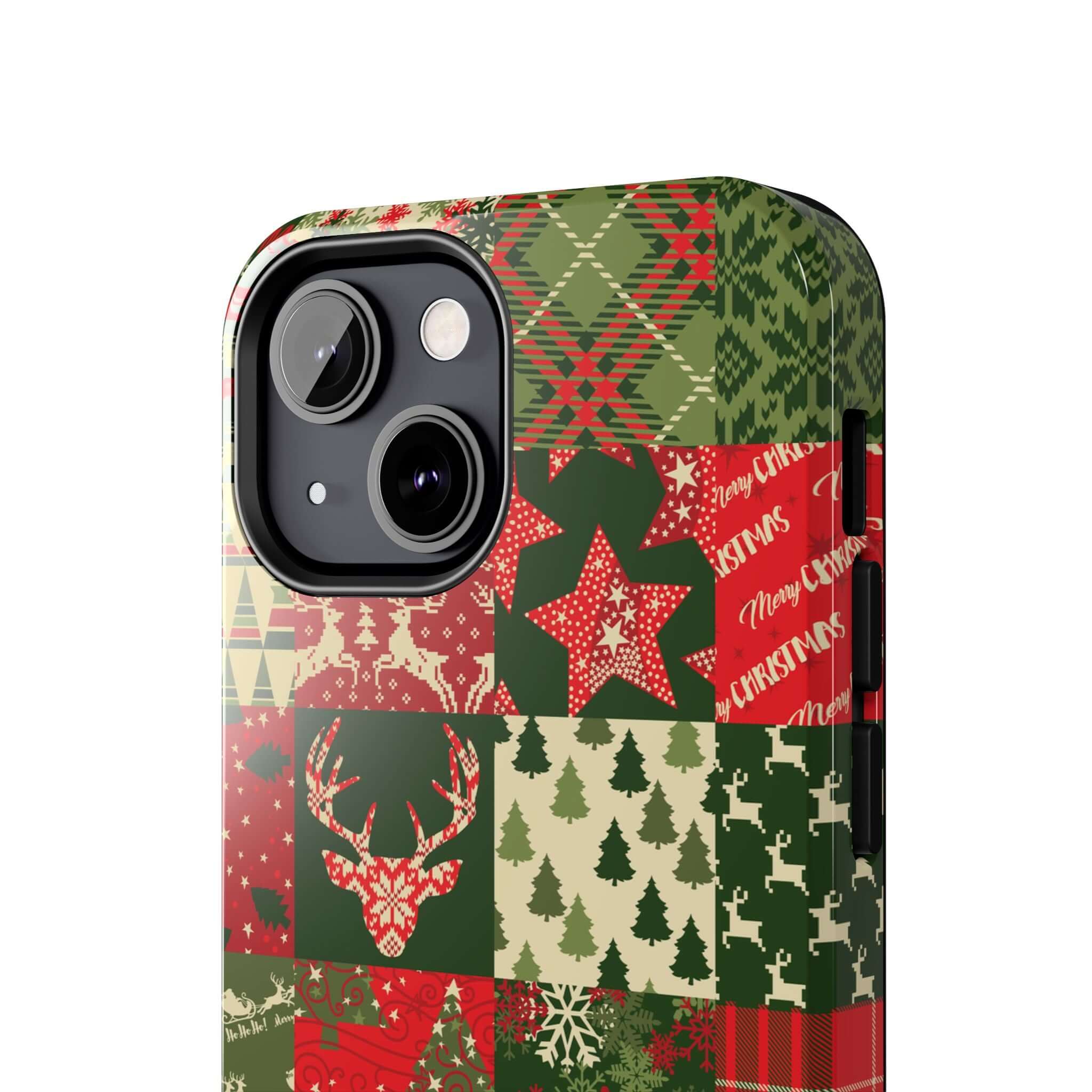 Cute iPhone case with festive Christmas patchwork design featuring trees, deer, and snowflakes, perfect holiday phone case design.