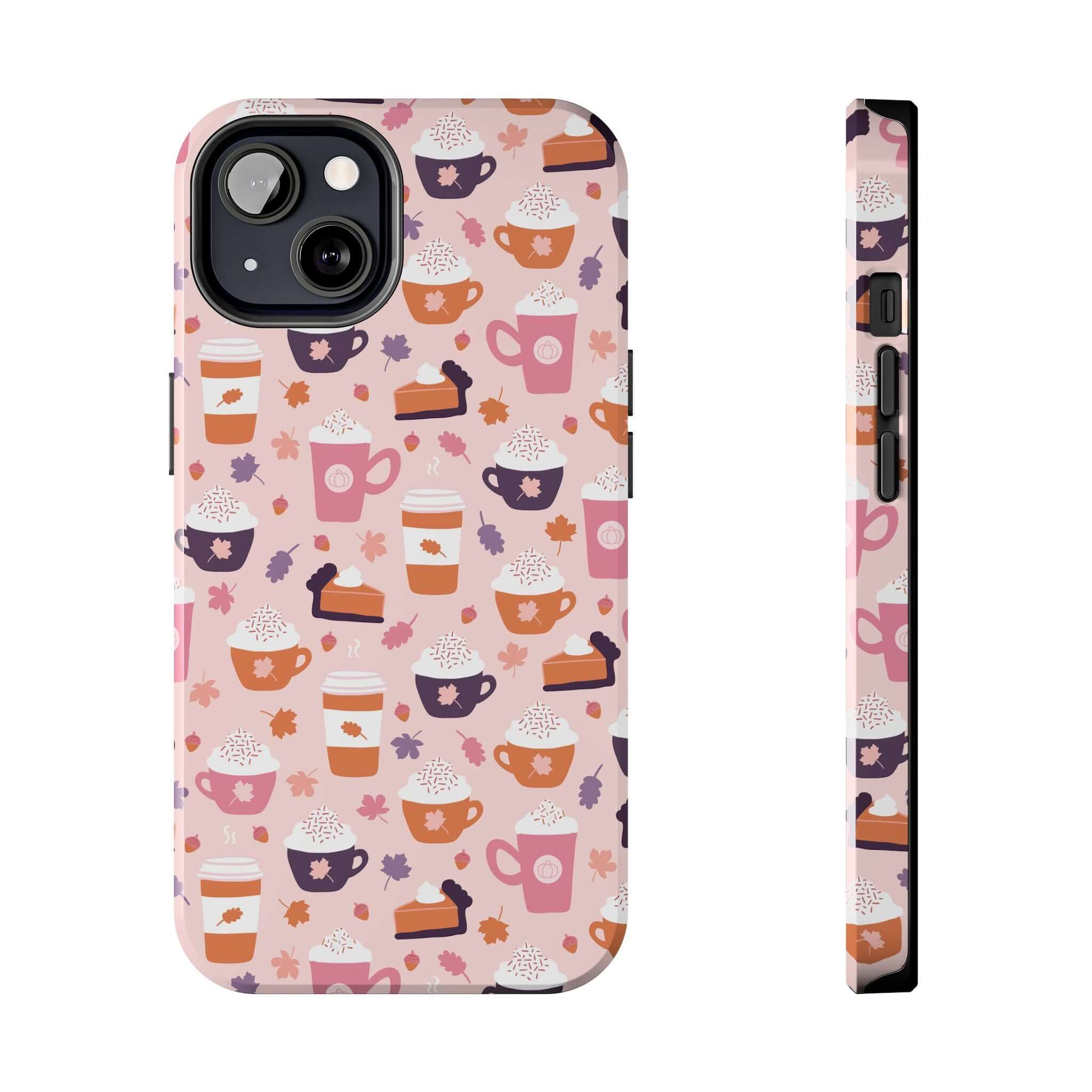 Cute fall-themed iPhone 15 case with pumpkin spice latte design in pink and orange, perfect for pumpkin spice lovers.