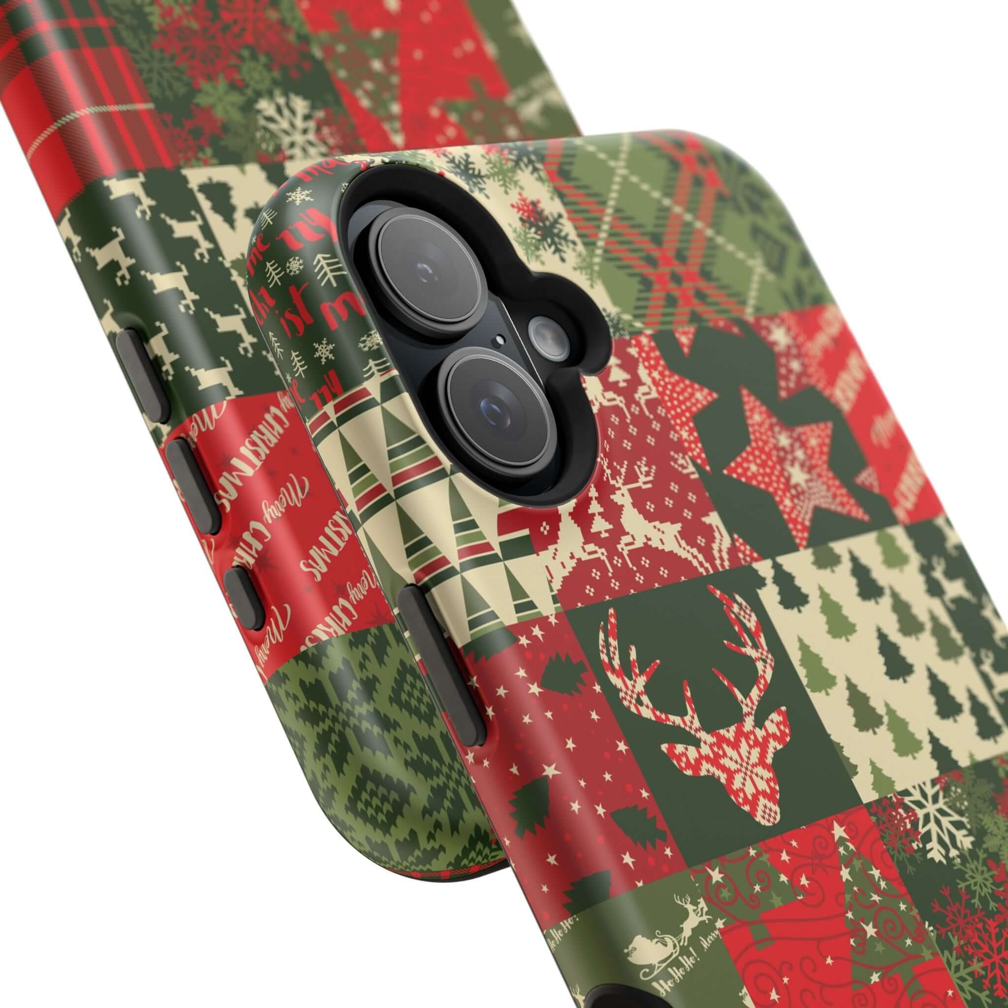 Festive Cozy Quiltmas phone case with Christmas design, featuring a snug fit and MagSafe compatibility for easy charging attachment.