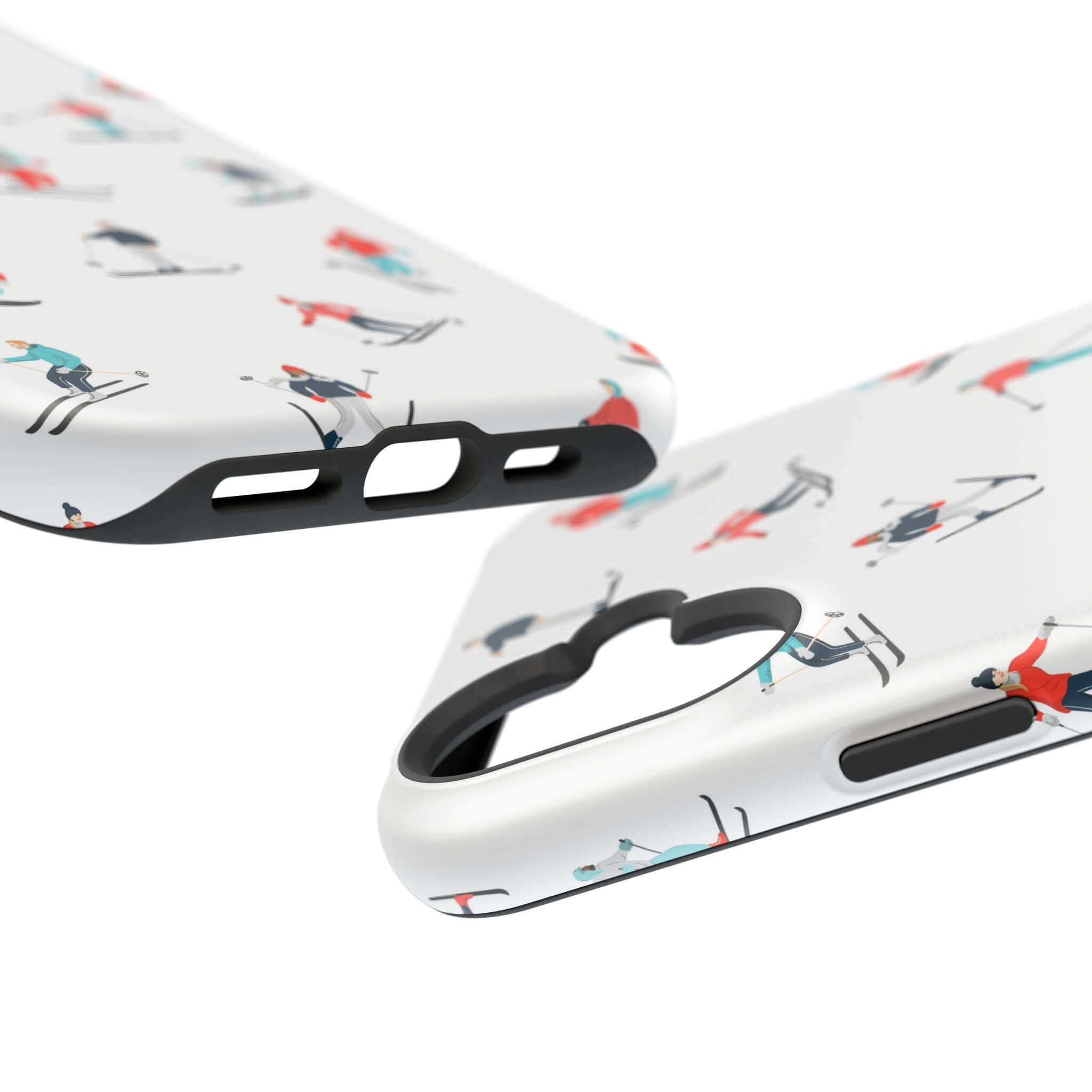 Cute Snowy Slopes phone case featuring skiers, perfect for iPhones and winter sports lovers. MagSafe compatible!