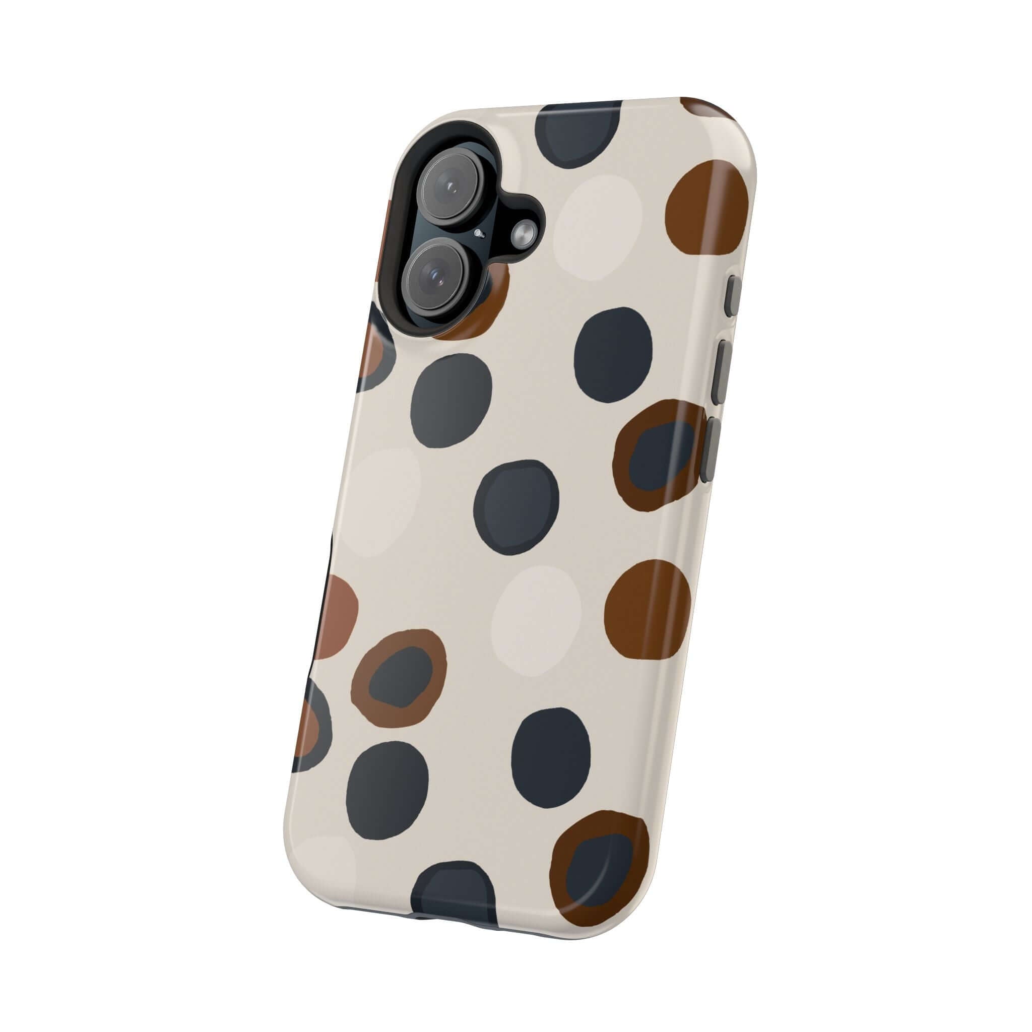 Colorful iPhone case with modern brown and black spots, designed for stylish and chic adventurers.