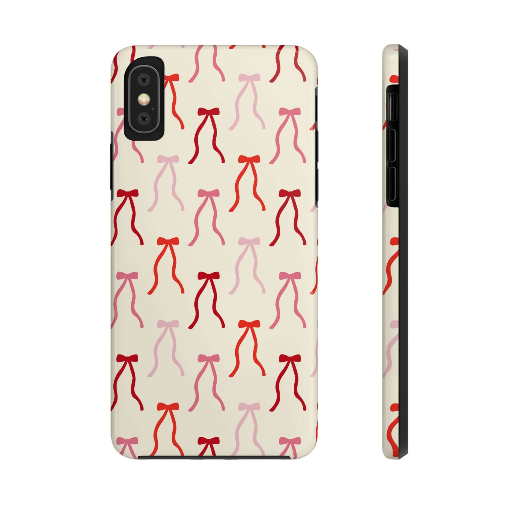 Beige Coquette Case with red bow design for iPhone 16, Cute Phone Case in playful style.