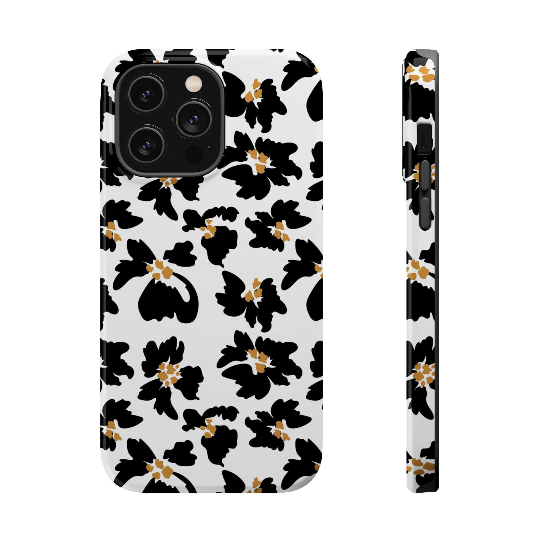 Modern black floral iPhone case with cute animal print design, compatible with MagSafe, perfect for stylish phone protection.