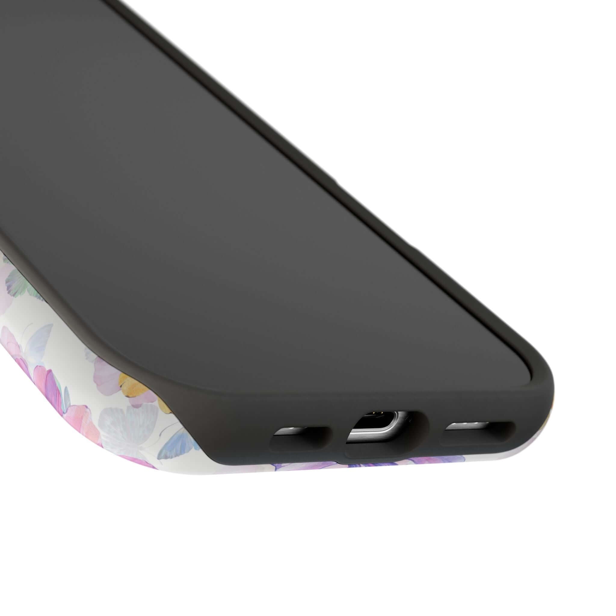 MagSafe compatible cute iPhone 16 case with watercolor butterfly design - top view showing buttons and port.