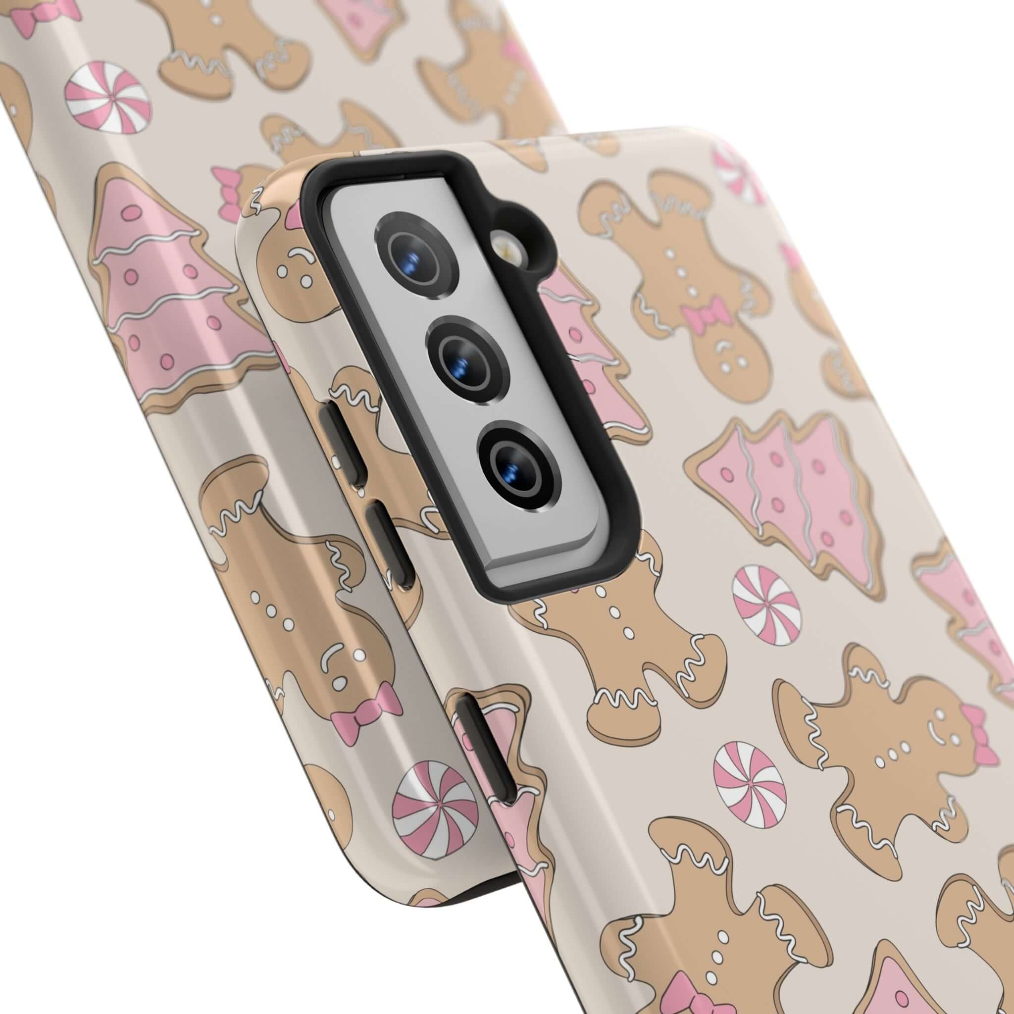 Cute iPhone case with gingerbread design, Christmas holiday phone cover, colorful and festive accessory, perfect for gifting.