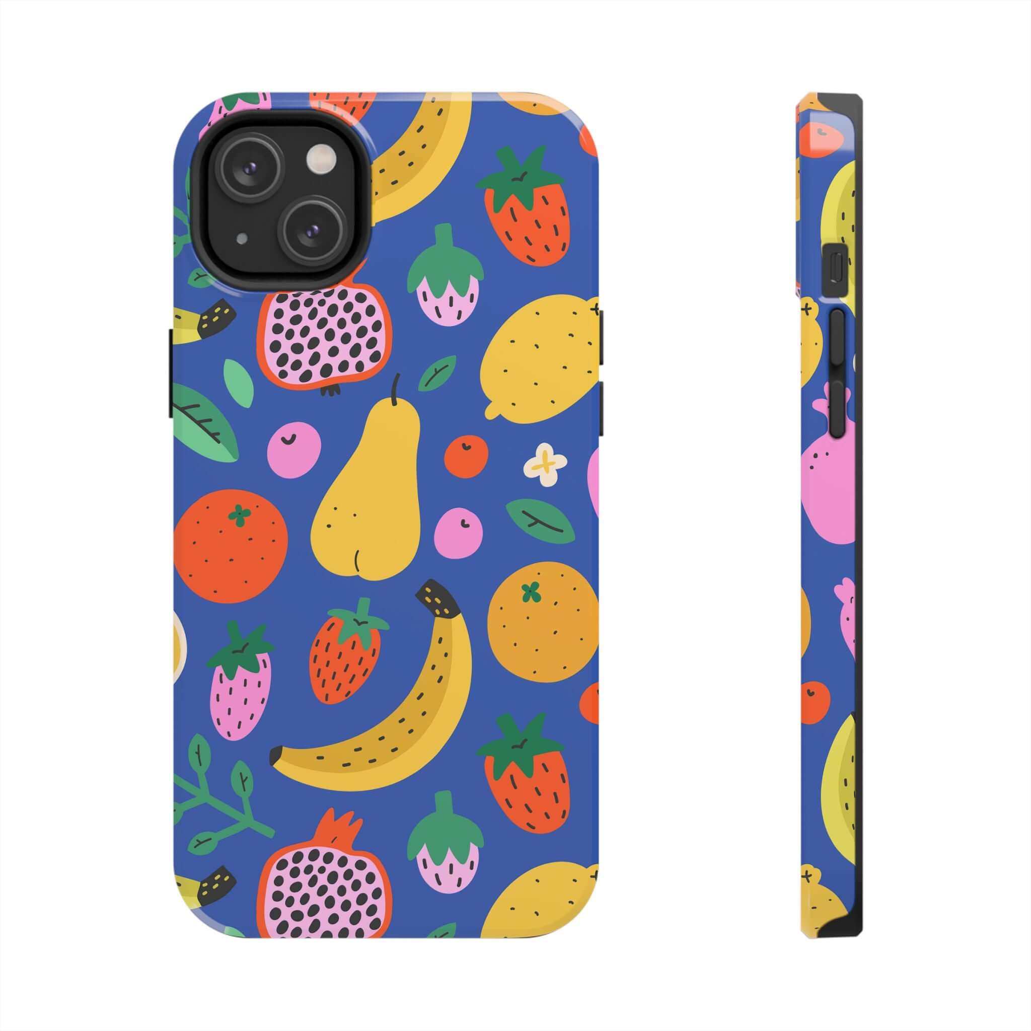 Cute phone cover featuring a vibrant tropical fruit design on a blue background, perfect for Apple iPhone.