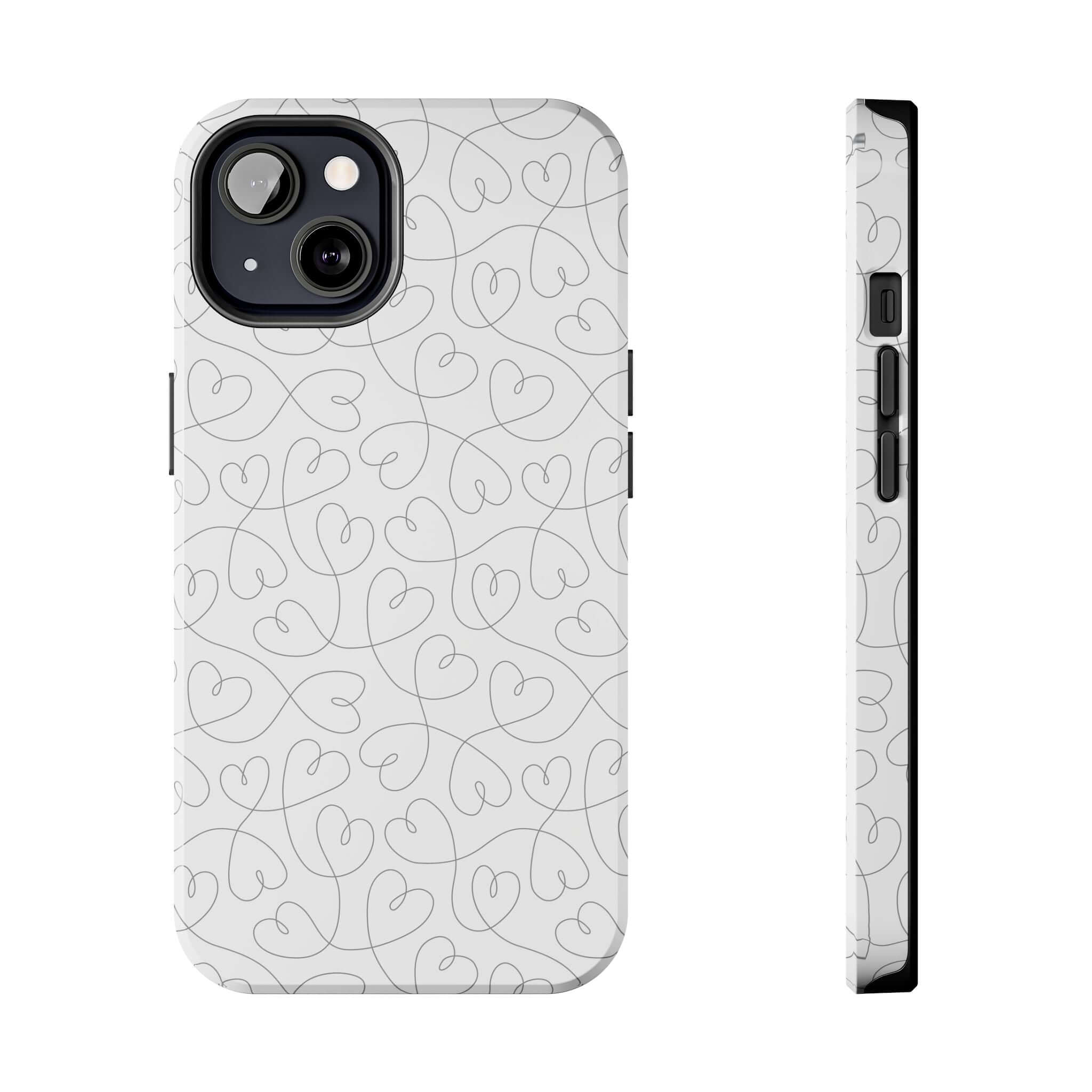 Silver Hearts Romance phone case for iPhone 14 Pro Max featuring abstract hearts design for weddings and brides. Cute and stylish.