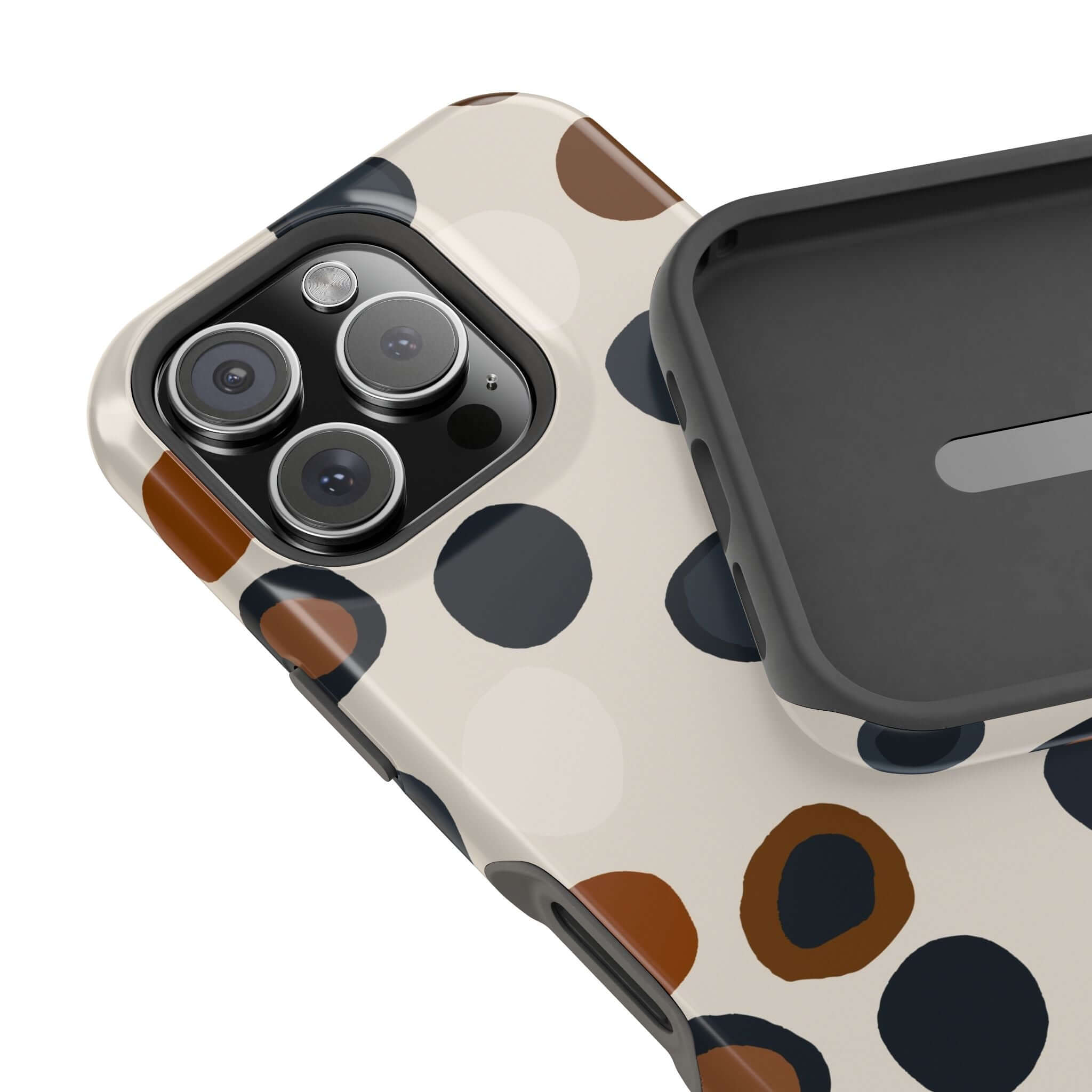 Chic Wanderer Modern Spots Case for iPhone with playful brown and black abstract design, stylish MagSafe compatibility.