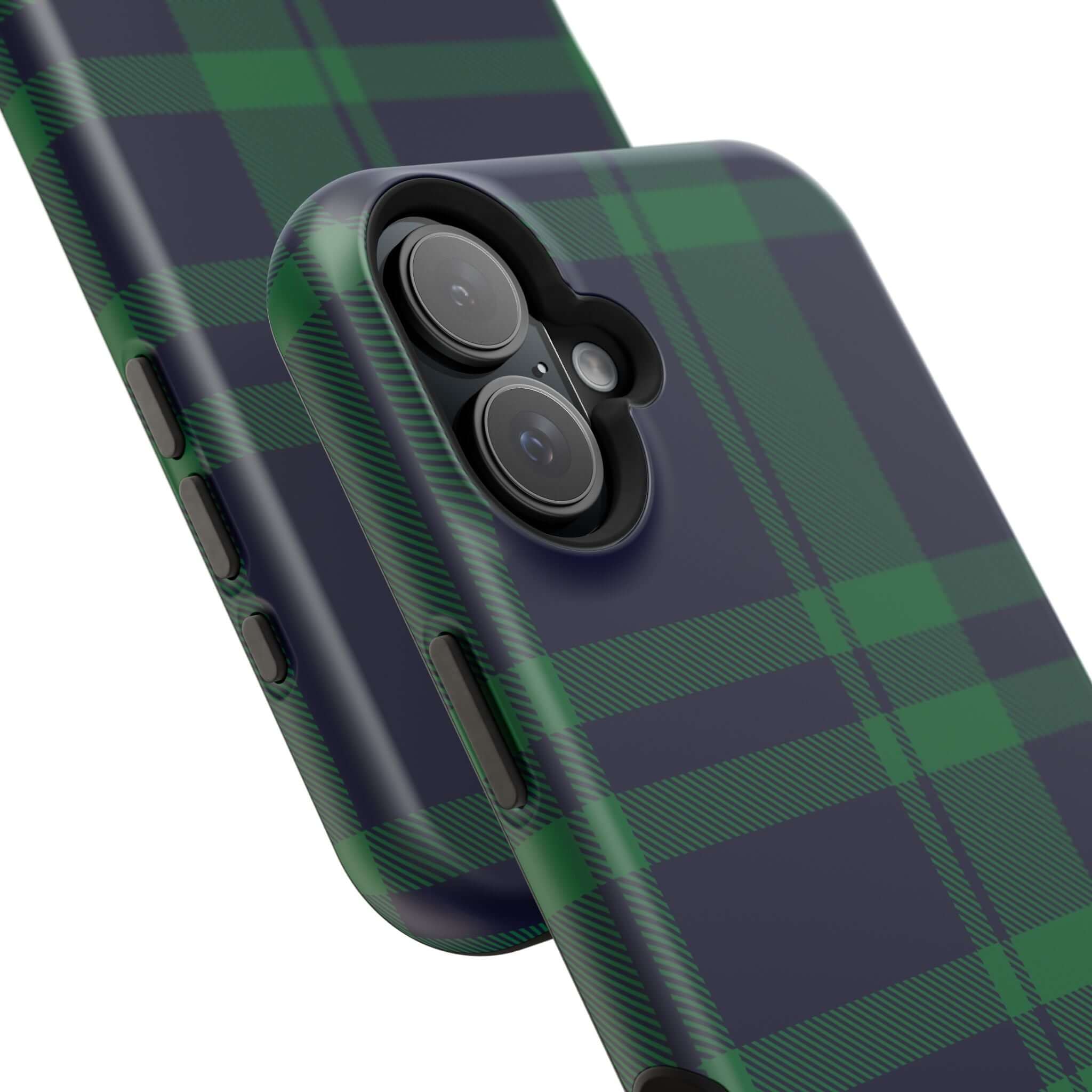 Cute Mistletoe Plaid MagSafe case for iPhone, showcasing festive green plaid design perfect for holiday cheer.