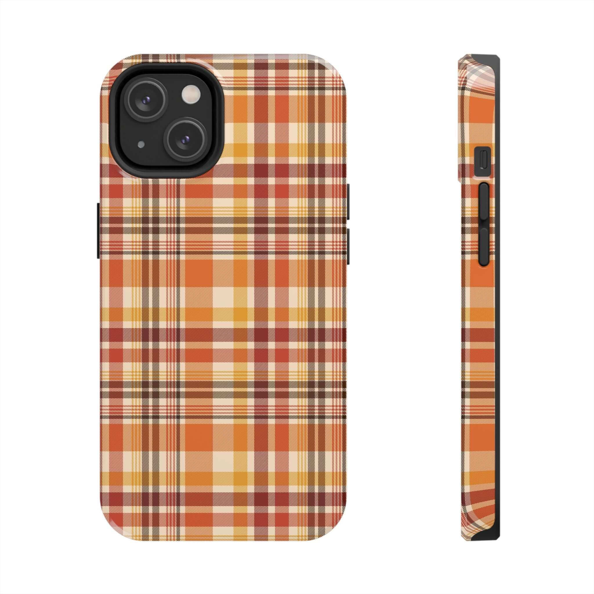 Autumn Air plaid phone case with orange and brown fall colors for iPhone. Cute and stylish Halloween phone case with durable protection.