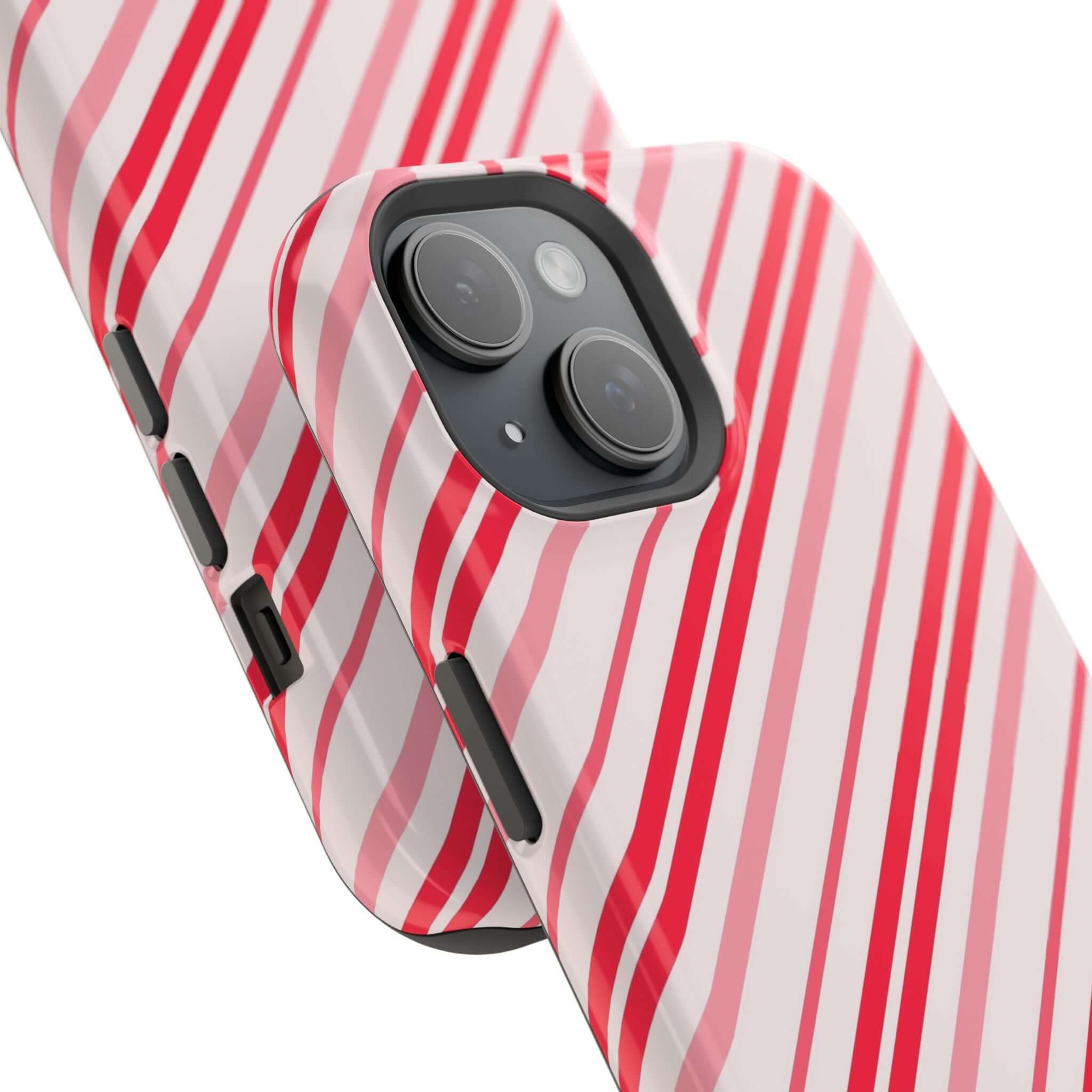 Festive Candy Cane Cutie MagSafe Case with red and white stripes, perfect Xmas phone cover for a cheerful holiday look.