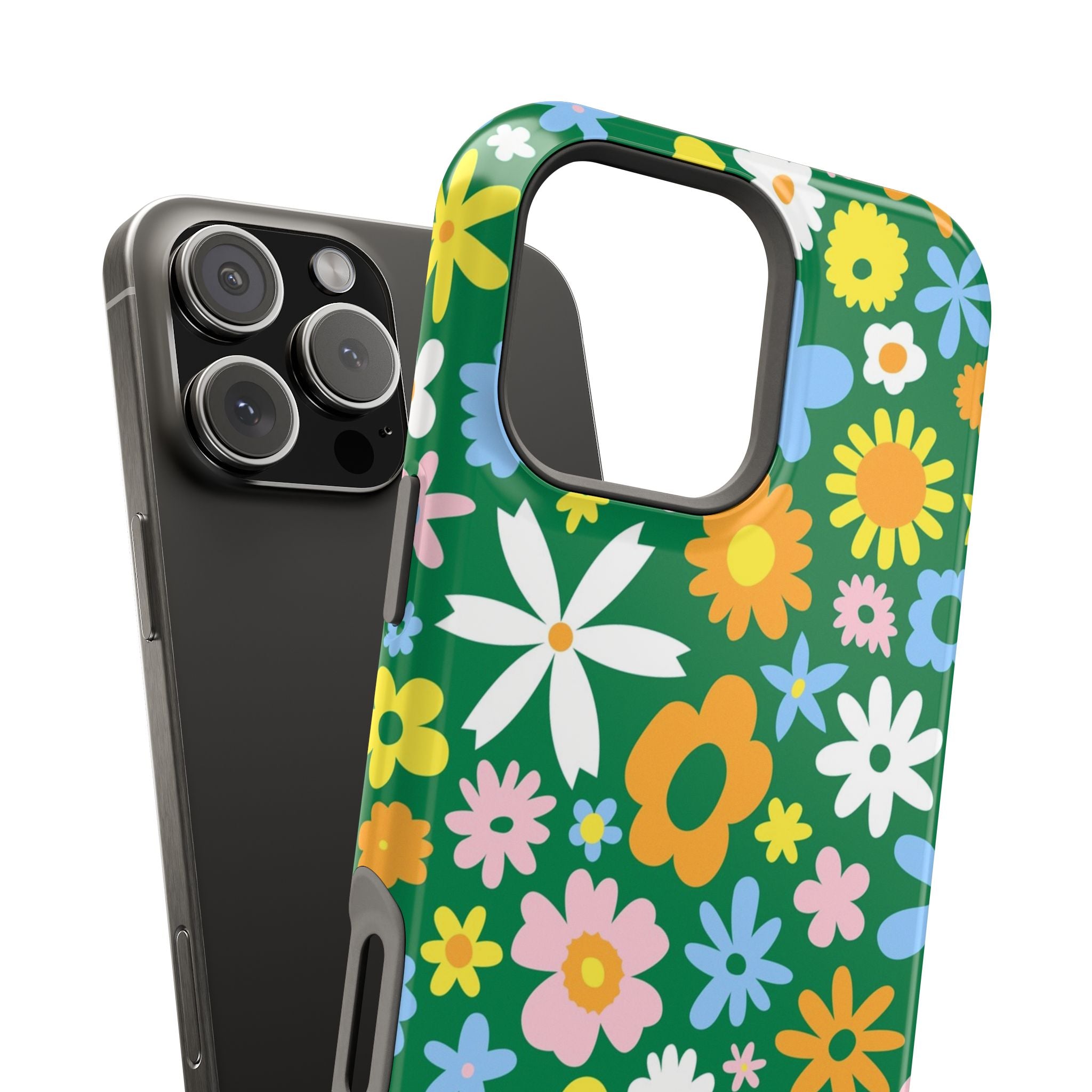 Vibrant floral MagSafe iPhone case with hippie design and colorful flowers on green background, perfect cute phone cover choice.