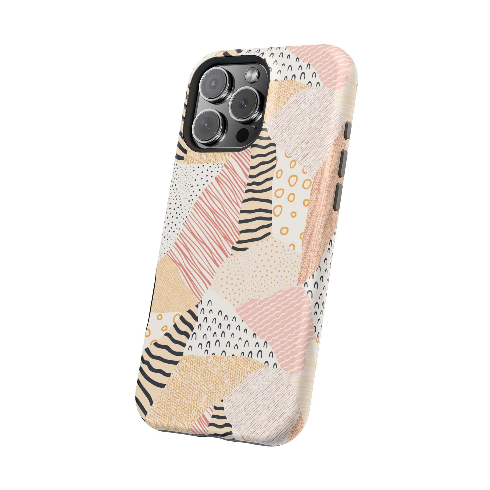 Cute Phone Case iPhone 16 with colorful pastel patchwork design, peach and vibrant patterns for a fun and unique look.