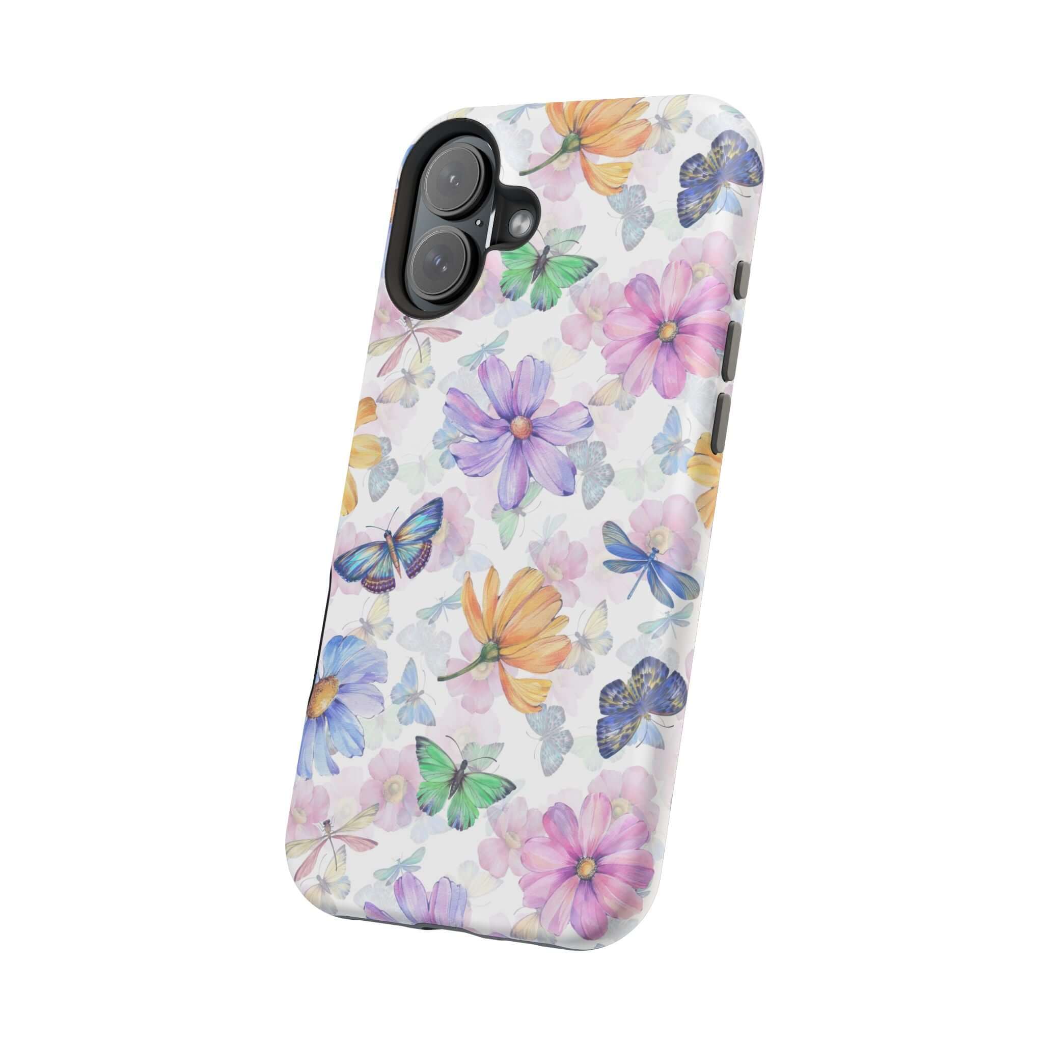 Cute MagSafe compatible iPhone case with watercolor butterfly and flower design, perfect for iPhone 16, stylish and protective phone case