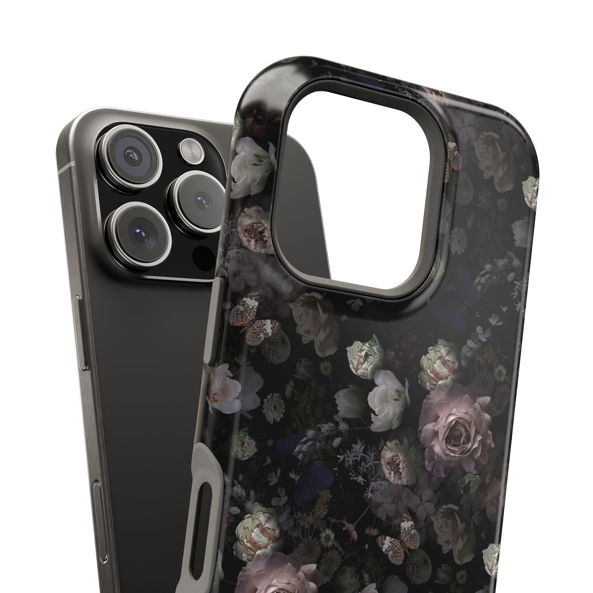 Midnight Curse black floral MagSafe iPhone case with cute rose design, stylish and protective phone cover for trendy users.