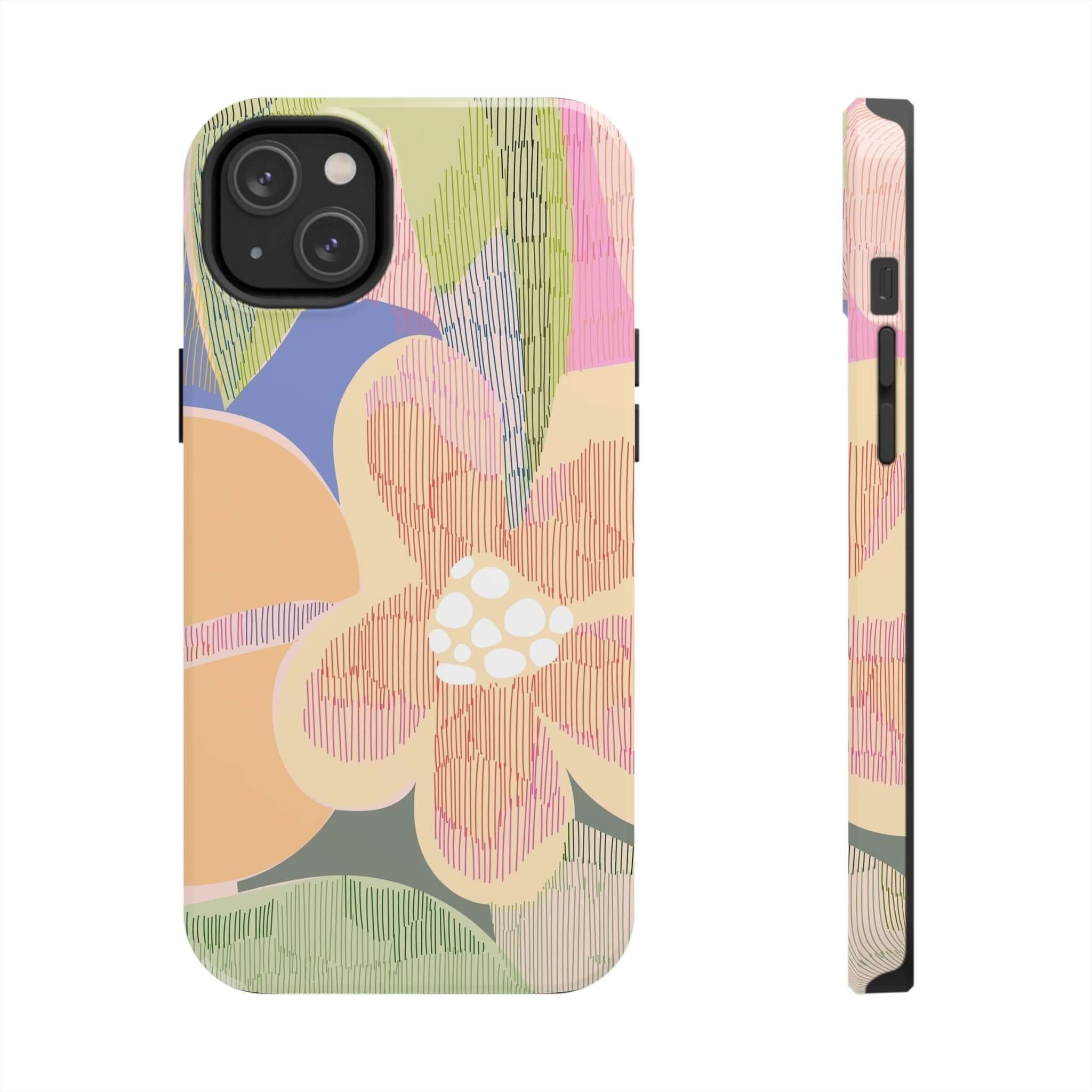 Abstract floral phone case with palm trees and vibrant colors for iPhone 14 Pro Max and Samsung S23, cute and colorful design.