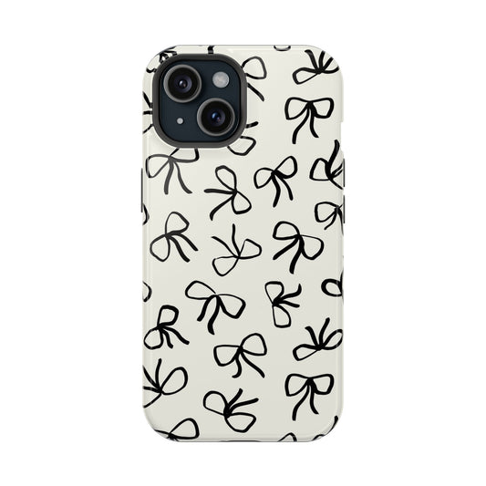 Midnight Lace iPhone 14 case with cute black bows, perfect for protecting your phone with a touch of coquettish charm.