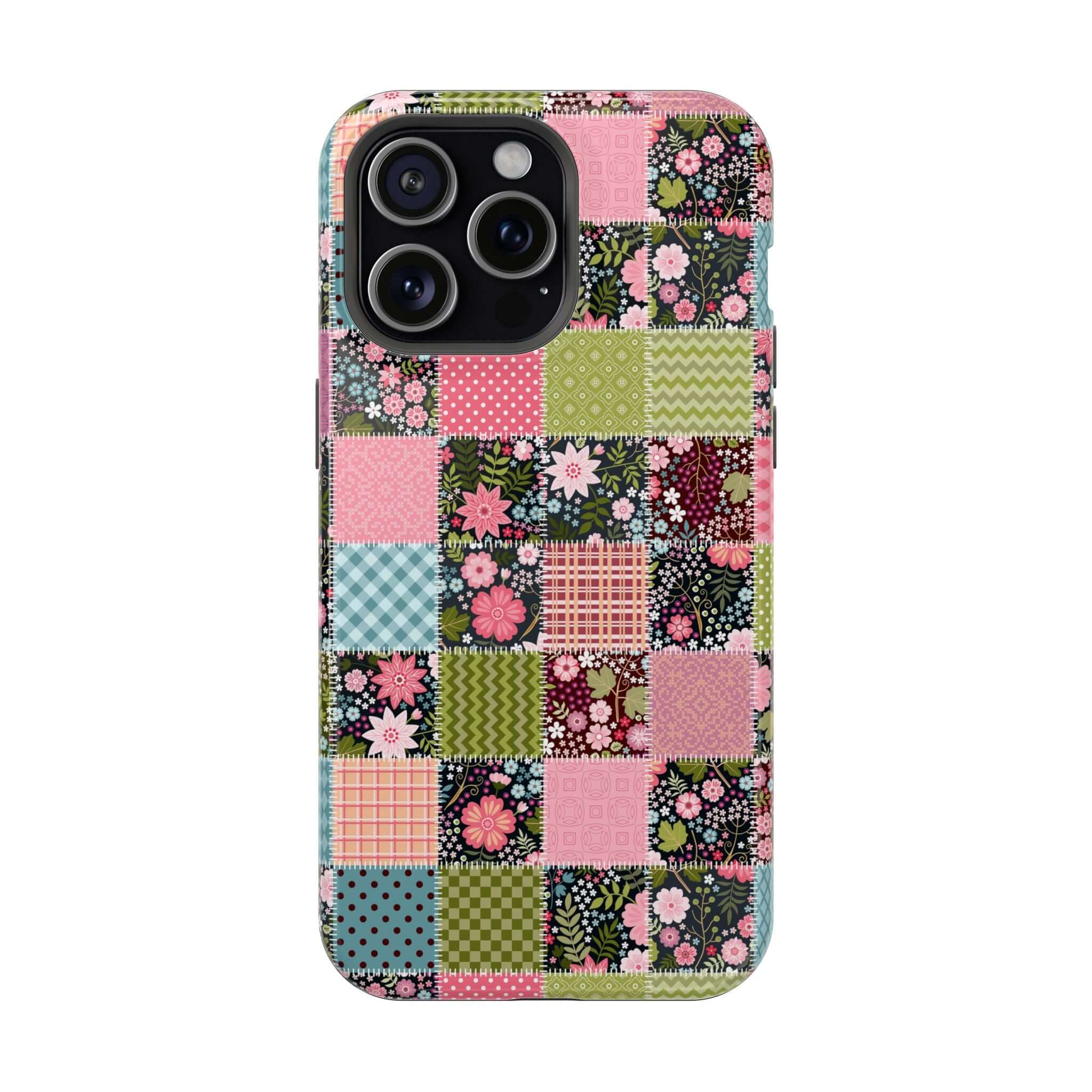 Flora Forage MagSafe iPhone Case with cute floral patchwork design, perfect for adding groovy granola girl vibes to your phone cover.