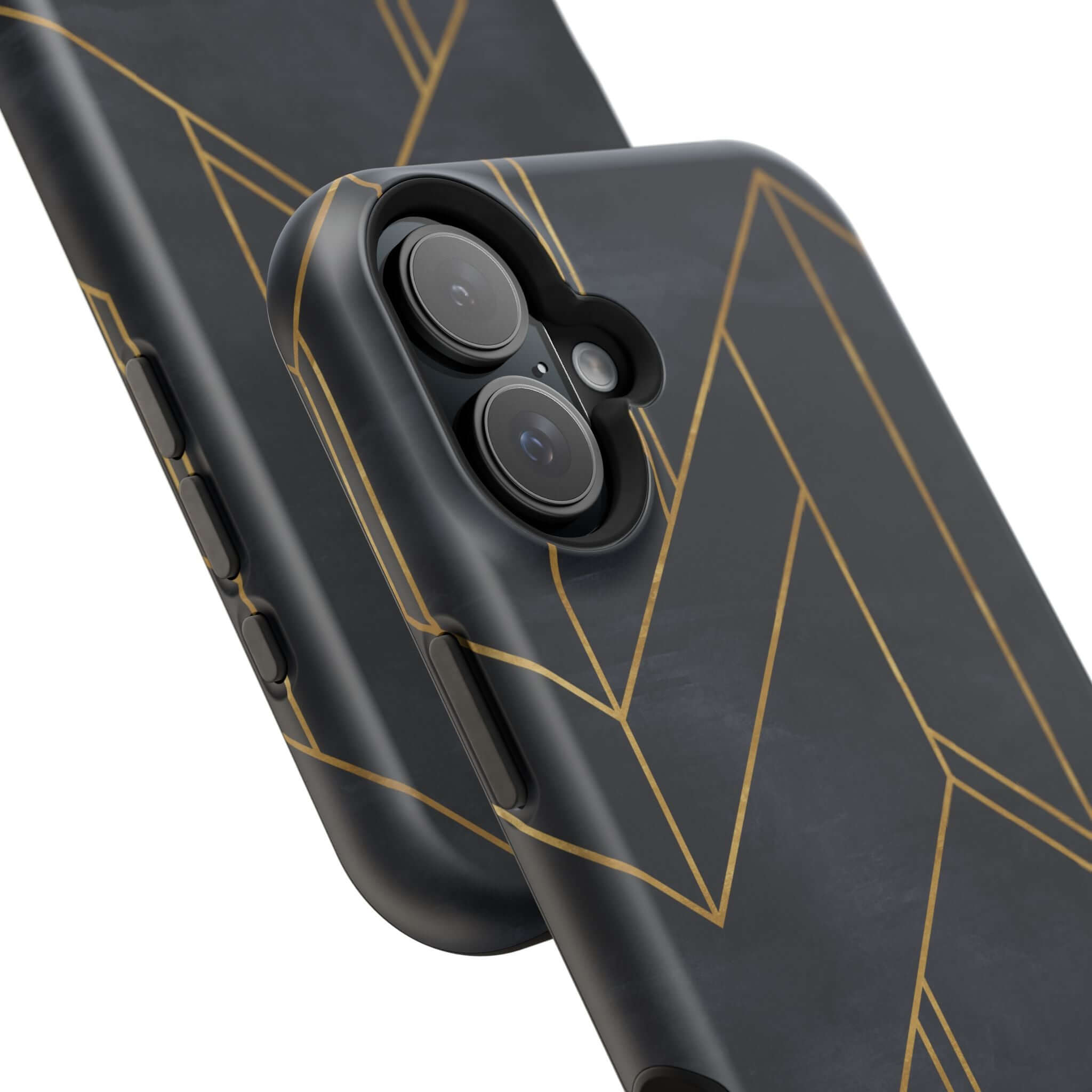 Modern geometric iPhone case in sleek black with abstract design, perfect blend of style and protection, a cute and colorful option.