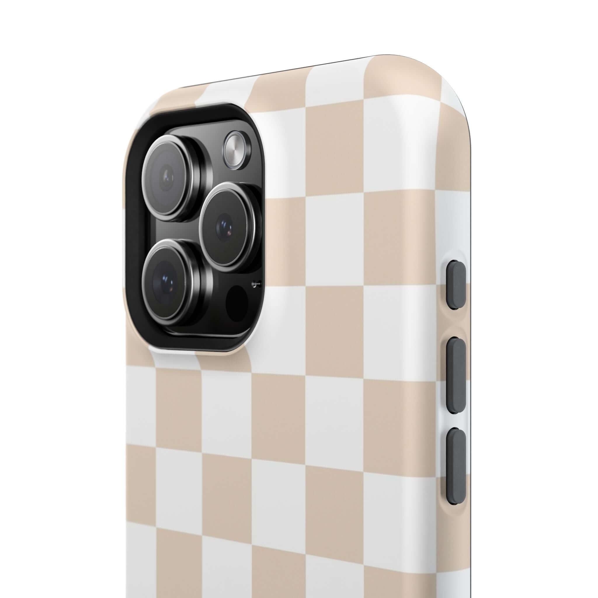 Cream checkered MagSafe iPhone 16 case with a trendy beige print offering cute and protective design for phones.