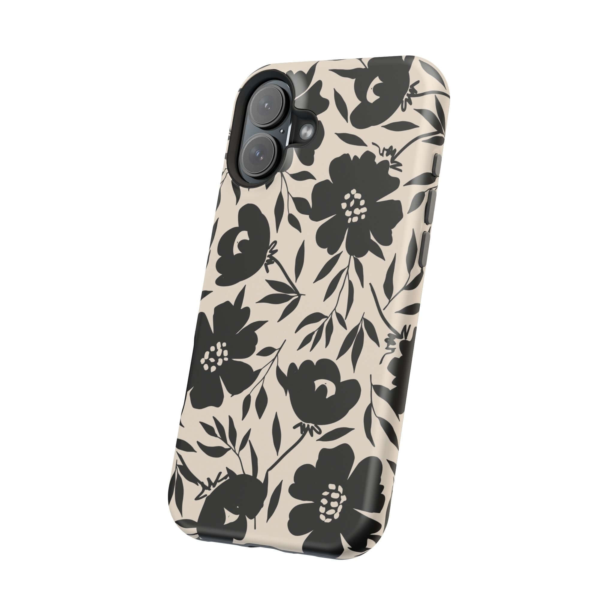 Eclipse Garden Black Floral iPhone 16 Cute Phone Case with bold flower design. Unique accessory for added style.