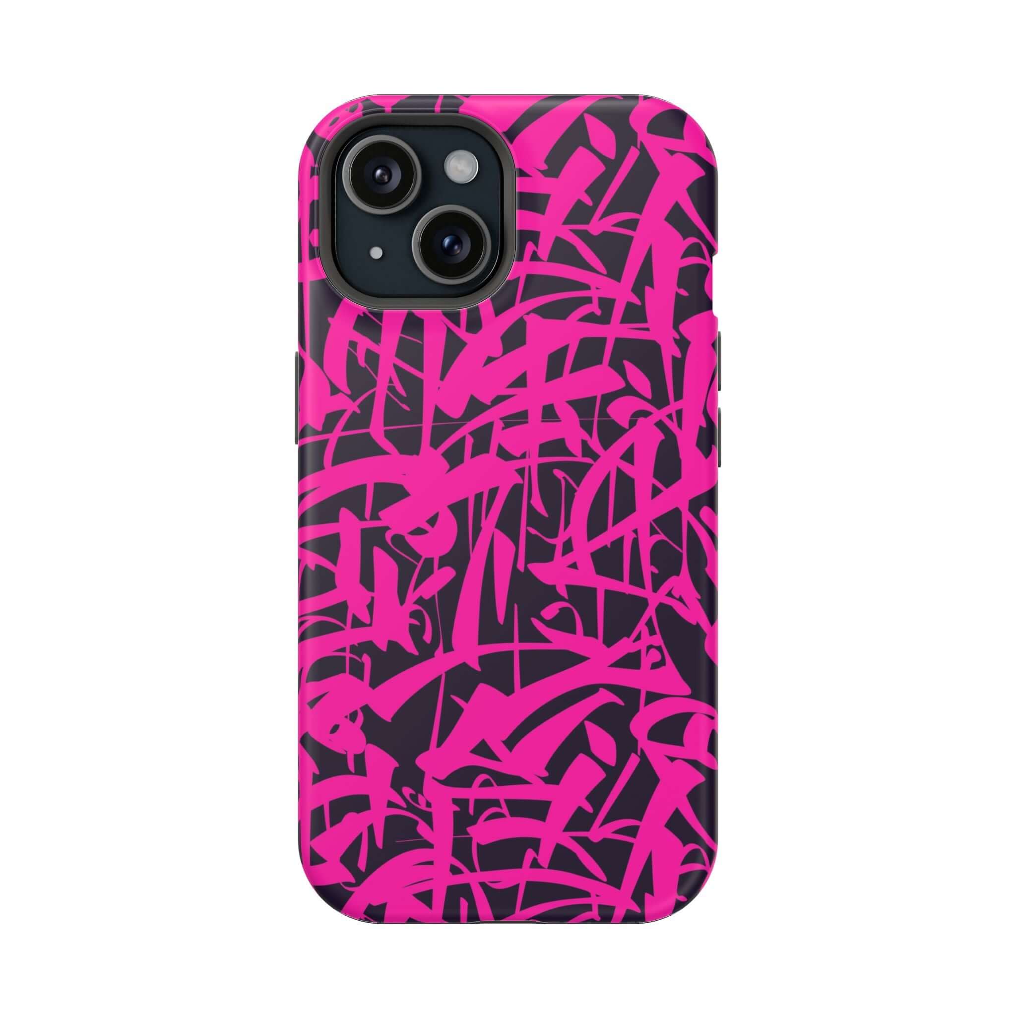 Vibrant pink and black artistic phone case design for iPhone, showcasing a cute and playful style. Perfect for personalized protection.