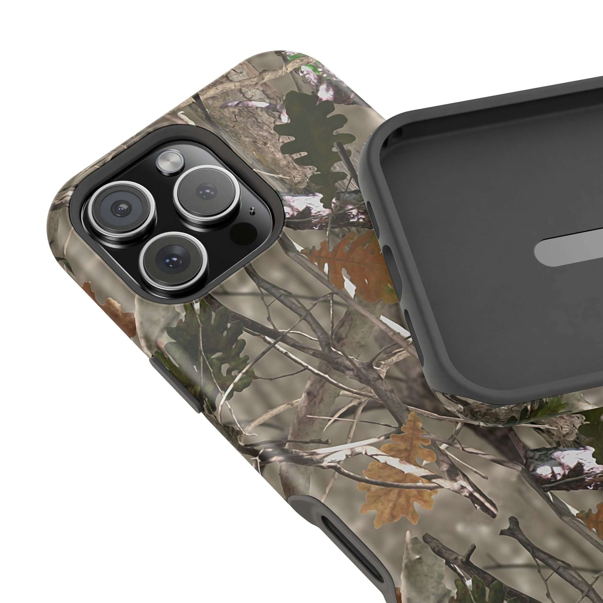 Modern phone case with forest camo design, perfect for animal print iPhone lovers; a cute MagSafe-compatible accessory.