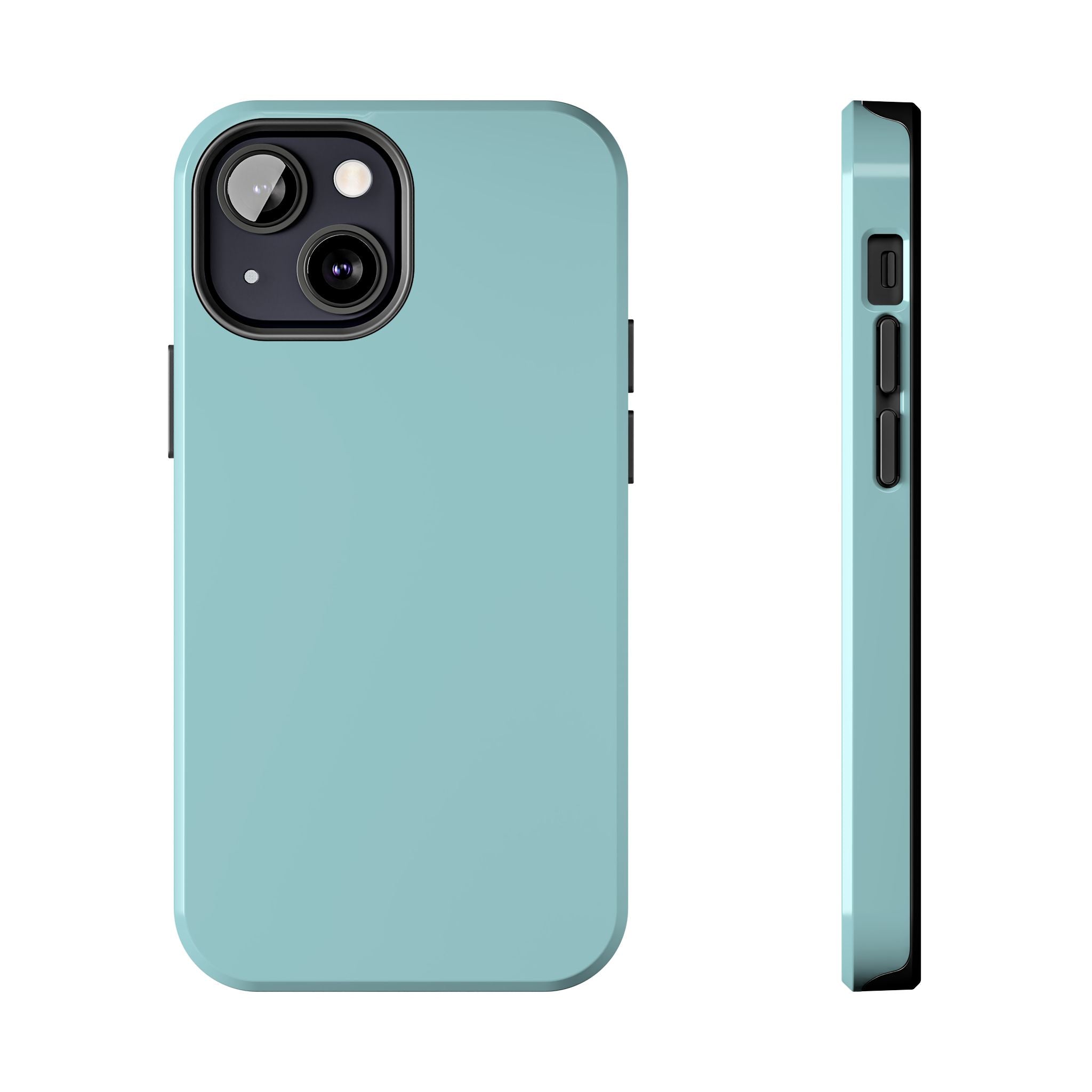 Minty Green solid teal phone case for iPhone 16, showcasing a cute and protective cover design from front and side angles.