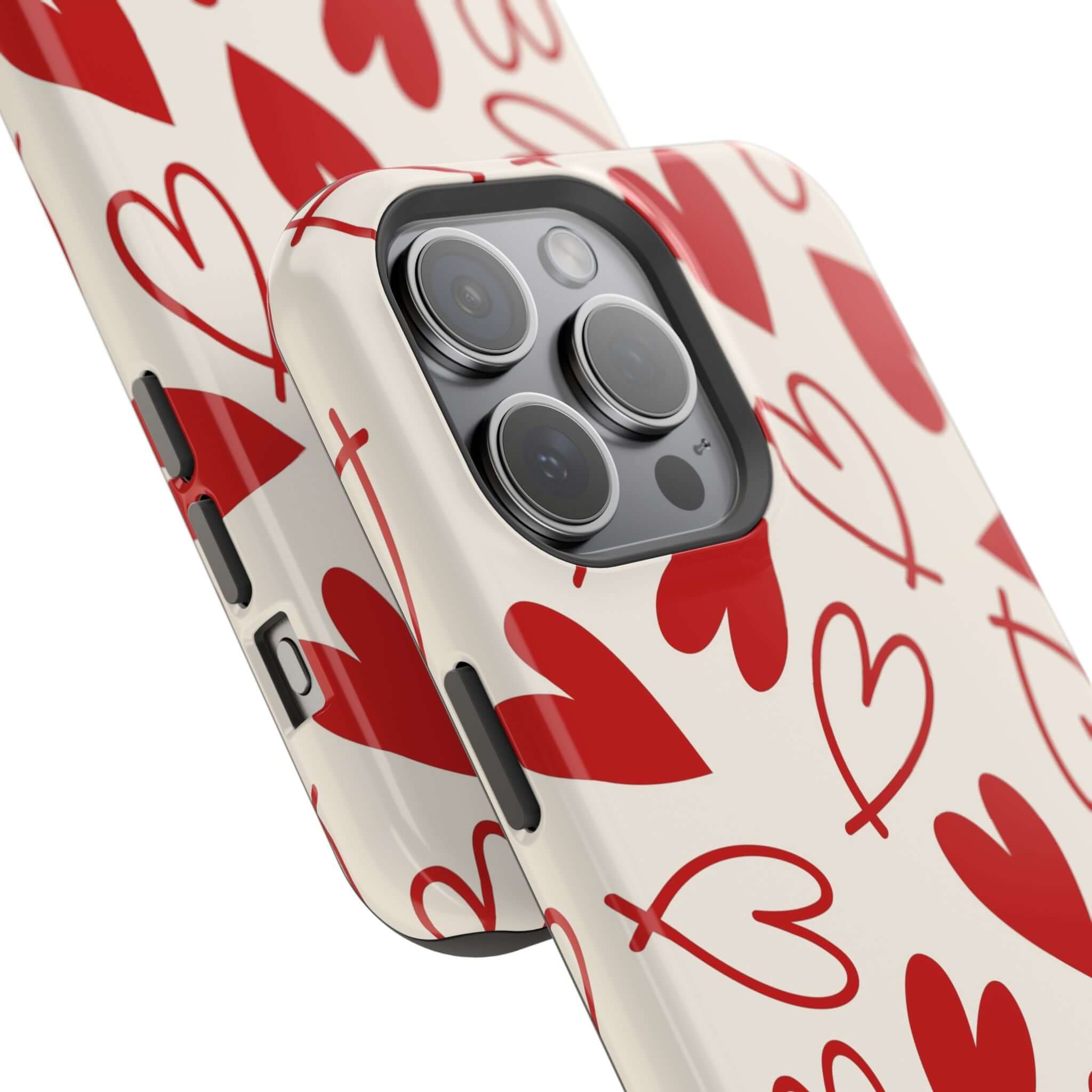 Cute phone case with red hearts design, perfect for iPhone protection. Quirky and fun phone cover, Be Mine collection.