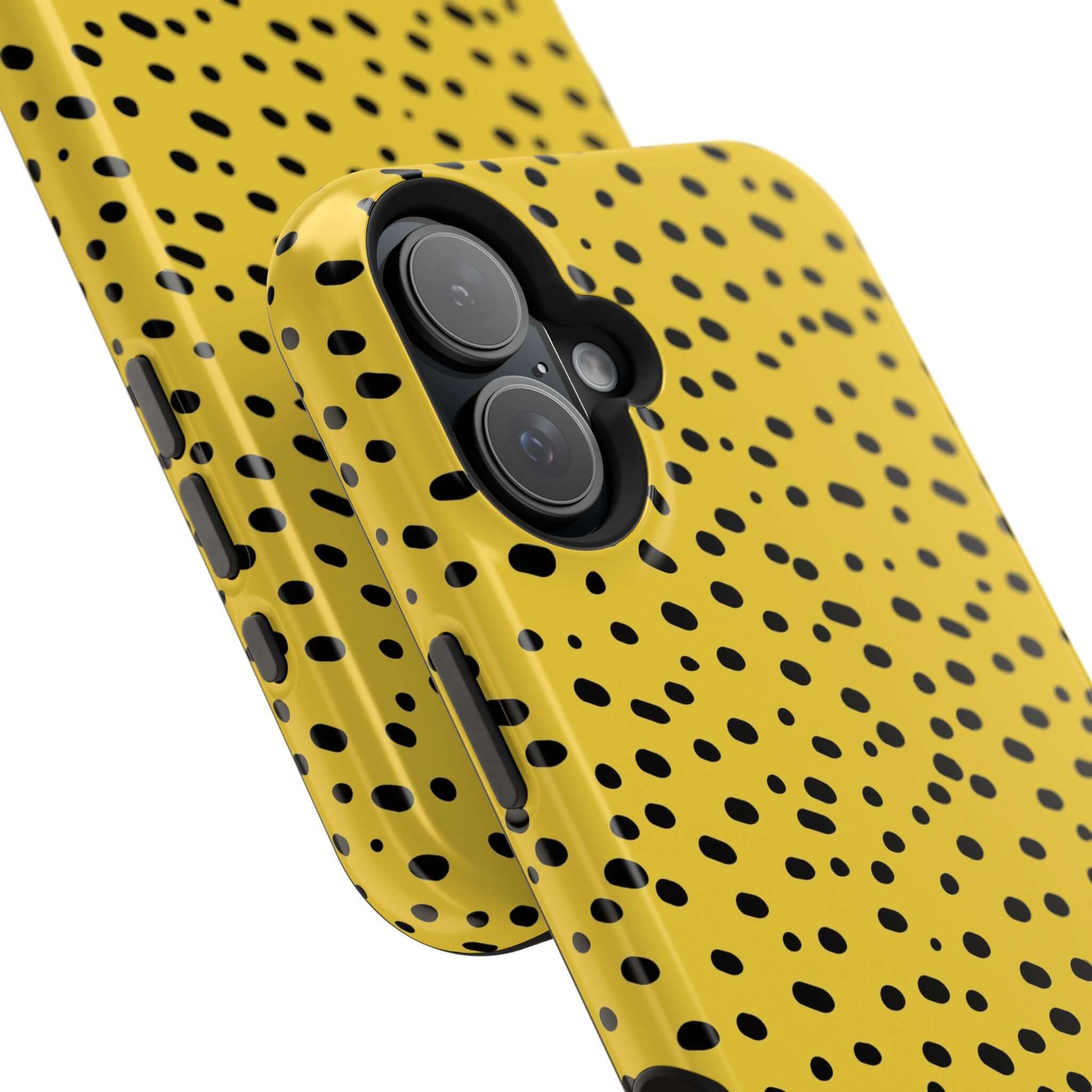 Yellow Cheetah Print MagSafe iPhone Case by Spot On, featuring bold black spots, a colorful, cute, and abstract phone cover design.