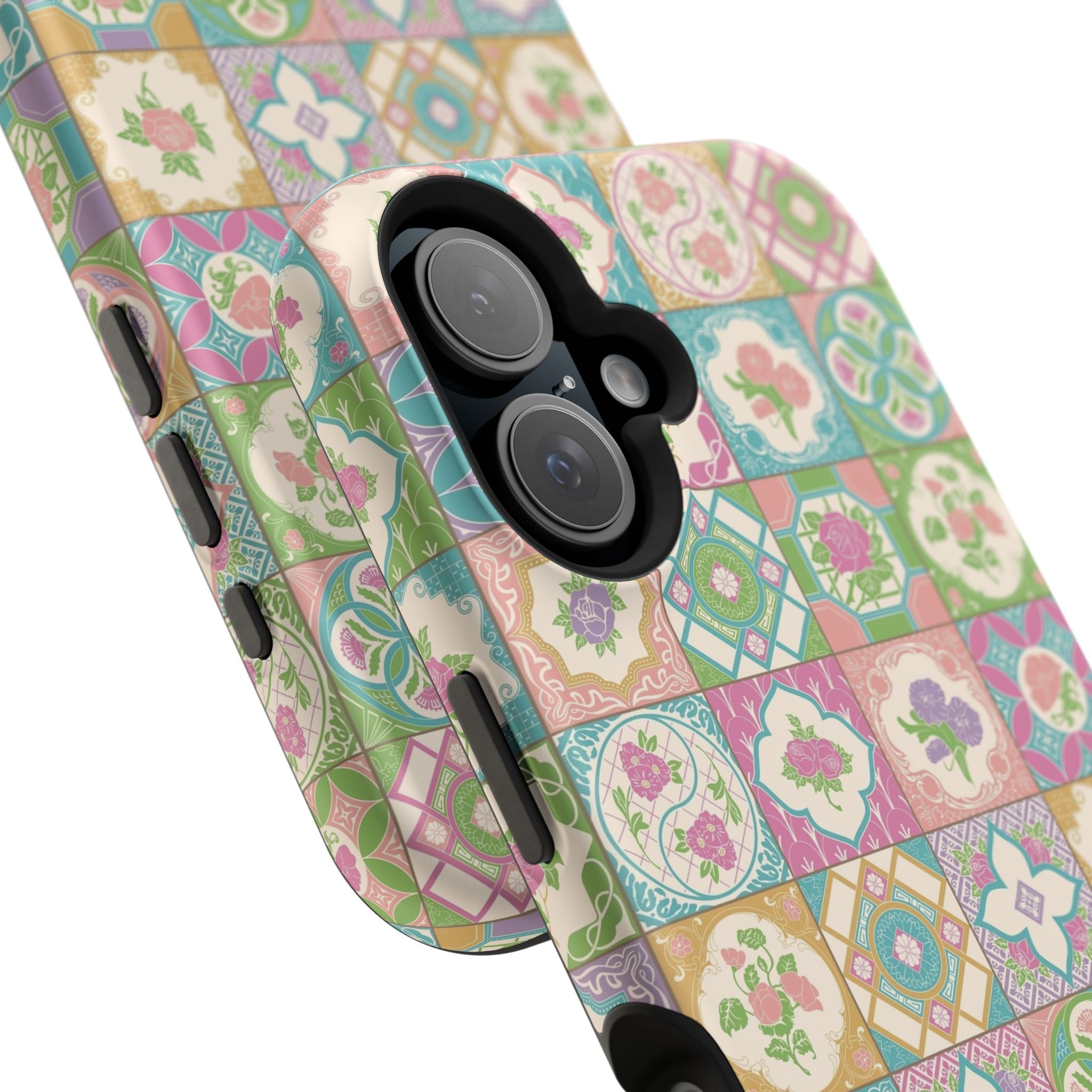 Colorful iPhone case with Peranakan tile design, cute phone cover by best phone case brand, inspired by Nyonya floral patterns.