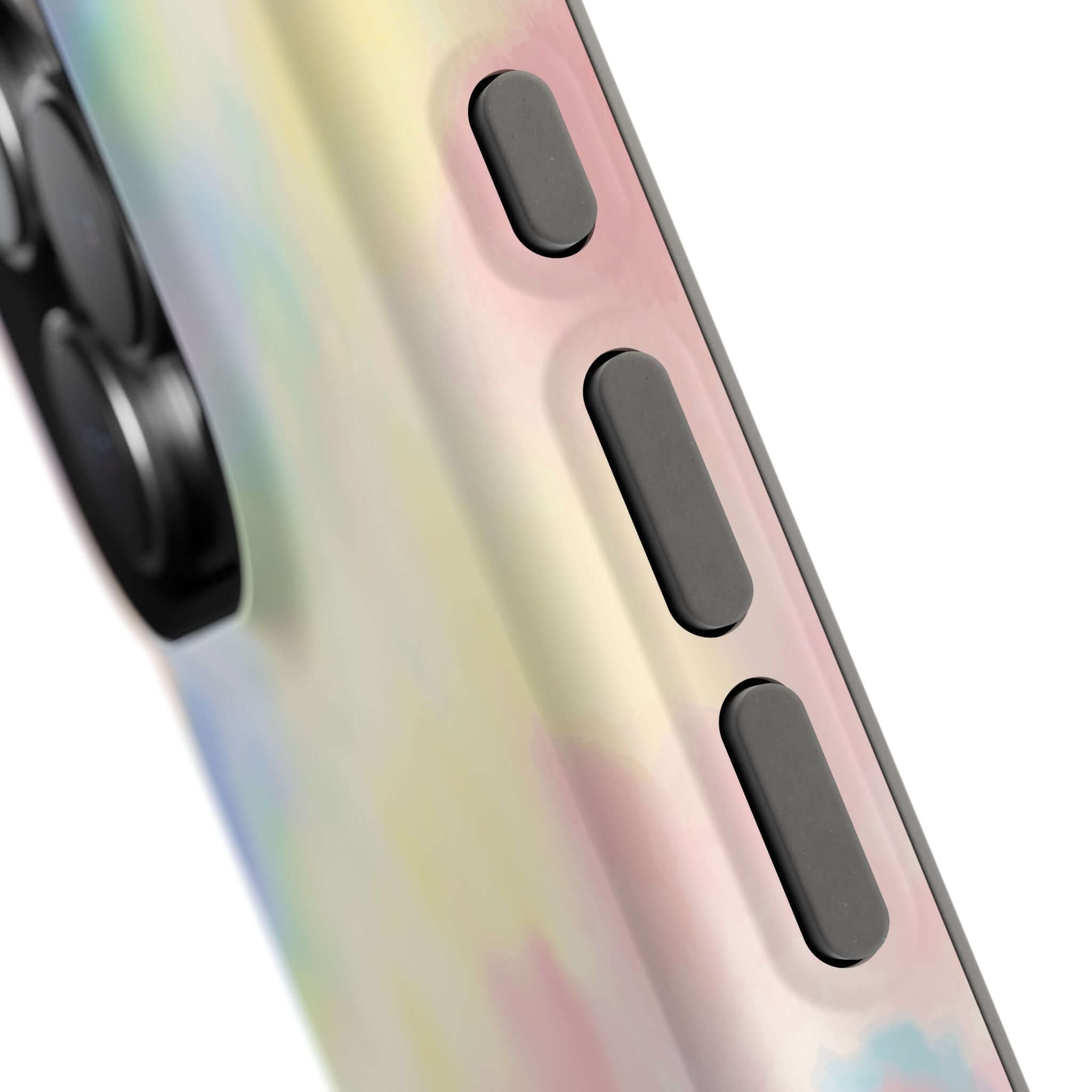 Close-up of a pastel tie dye design on a cute iPhone case with MagSafe compatibility buttons.