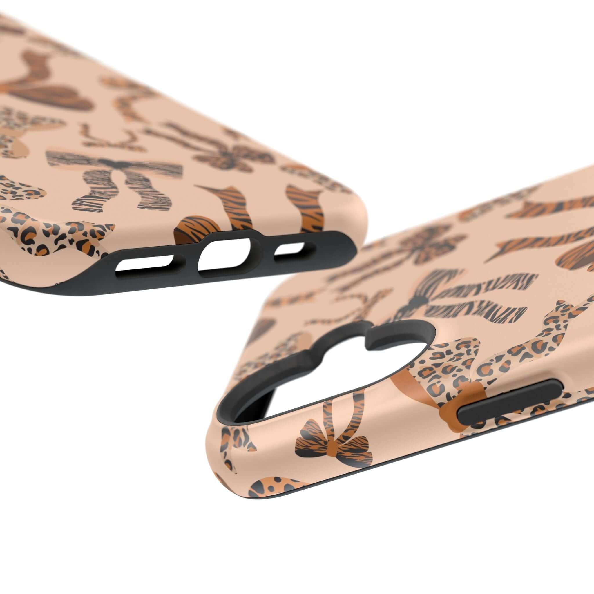 Leopard print iPhone case with cute coquette bows, abstract design, colorful MagSafe phone case.