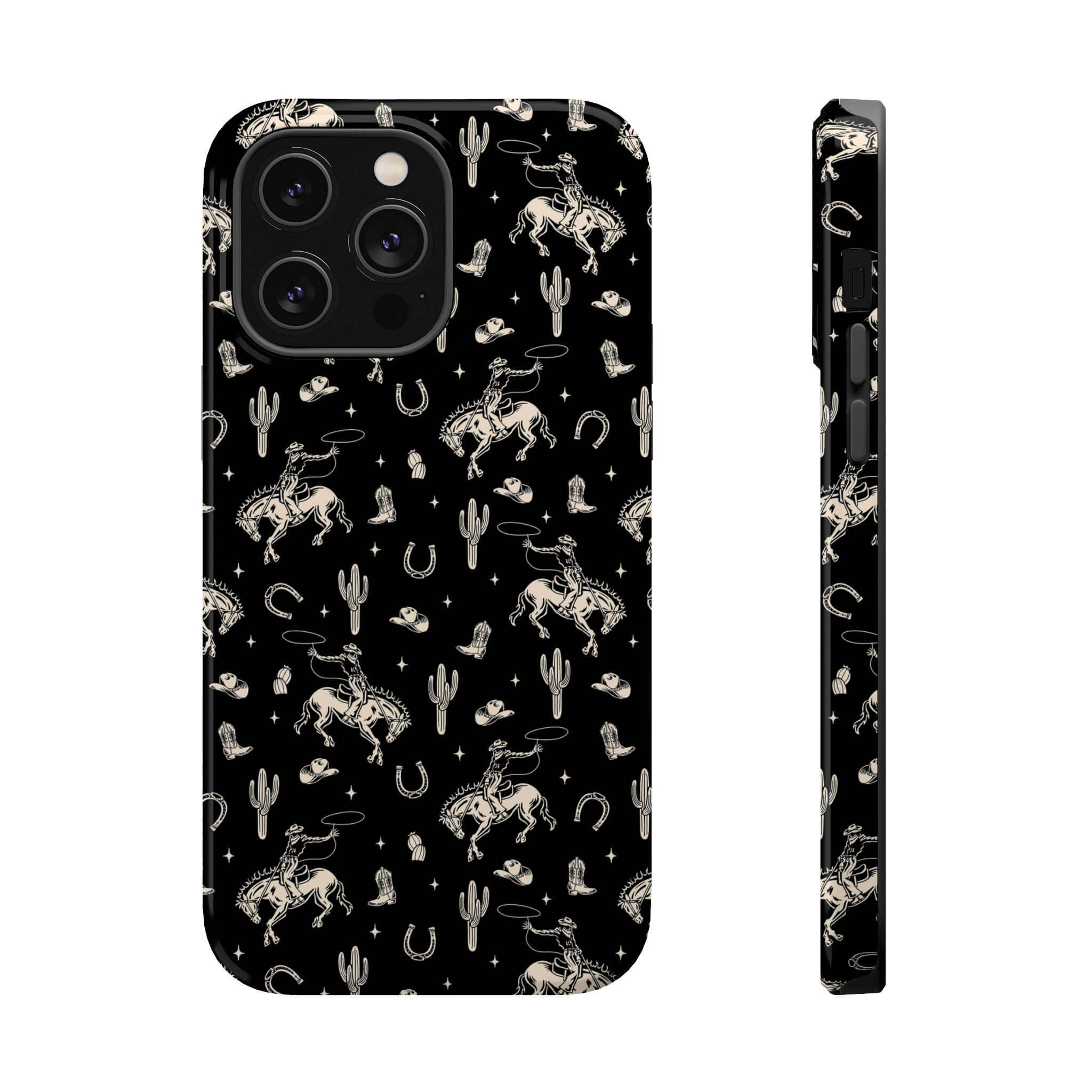 Cute iPhone case with black western design featuring cowgirls, cacti, horseshoes, and hats, perfect for cowgirl-inspired style with free shipping.