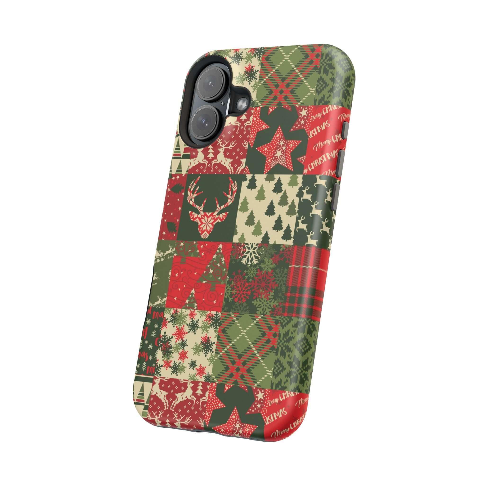 Cozy Quiltmas MagSafe case with festive holiday design, featuring Christmas trees and reindeer, perfect for a cute Xmas phone cover.